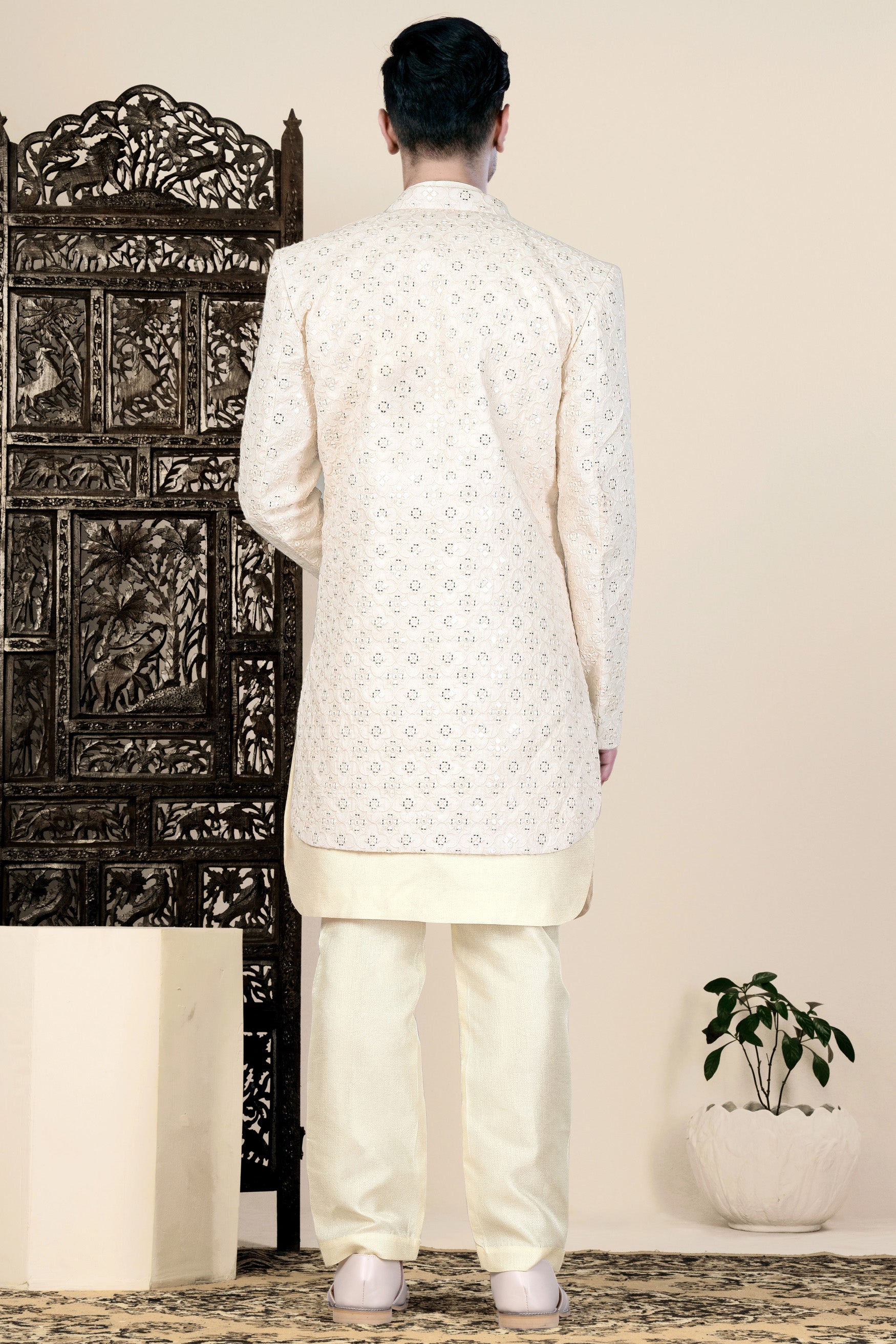 Almond Beige Thread and Sequin Embroidered Indo-Western