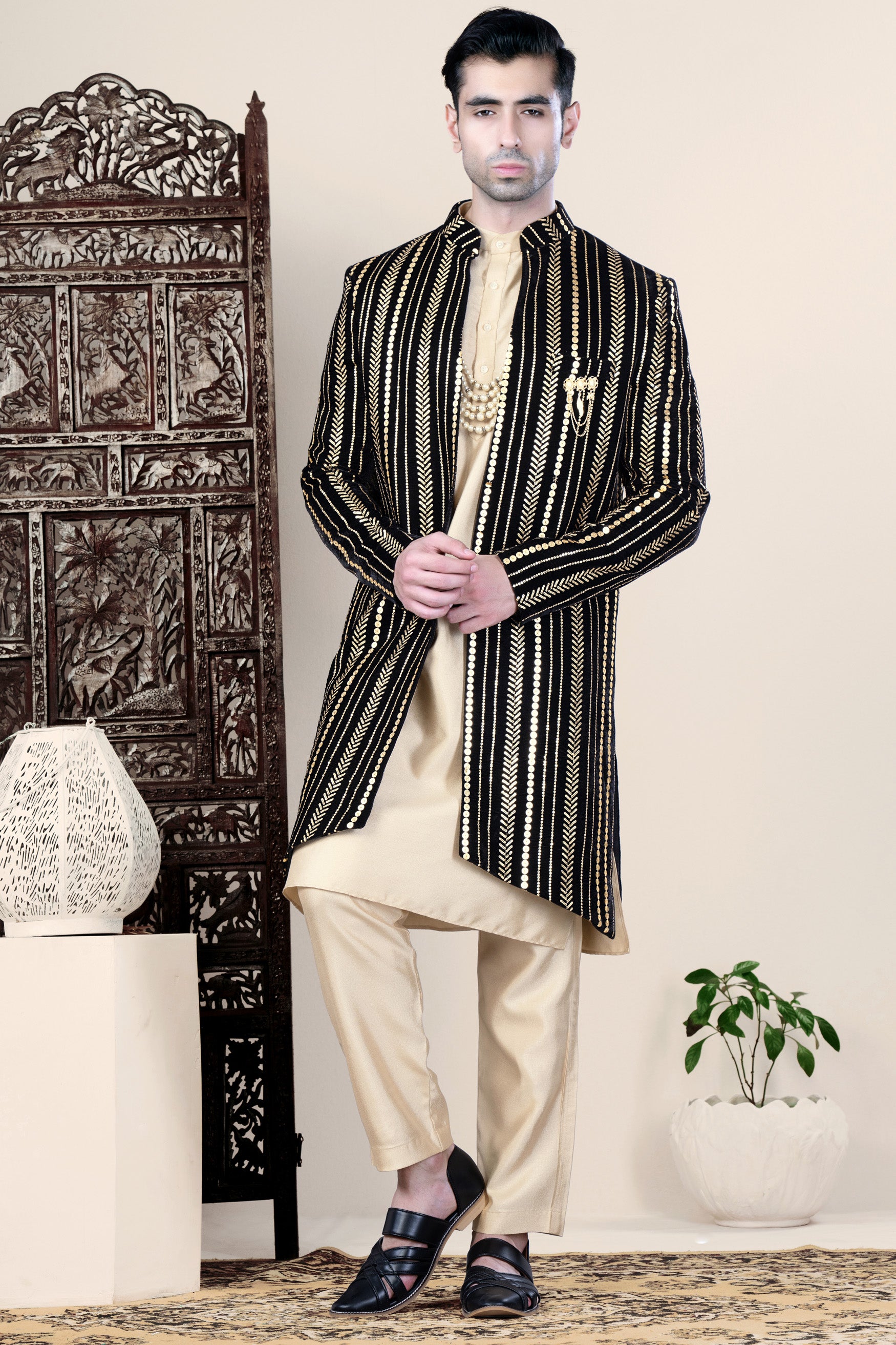 Jade Black Vertical Sequin Embroidered Indo-Western