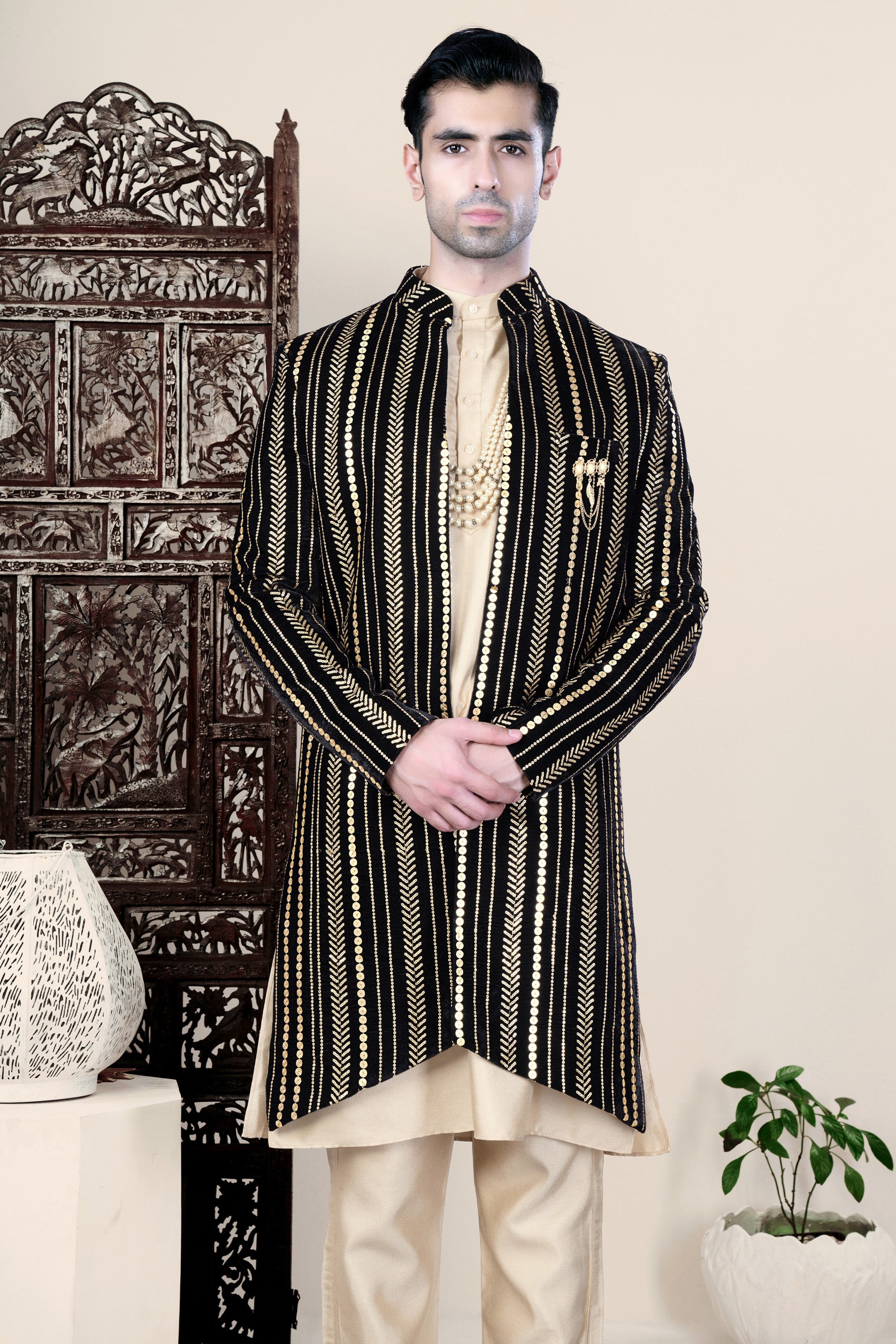 Jade Black Vertical Sequin Embroidered Indo-Western