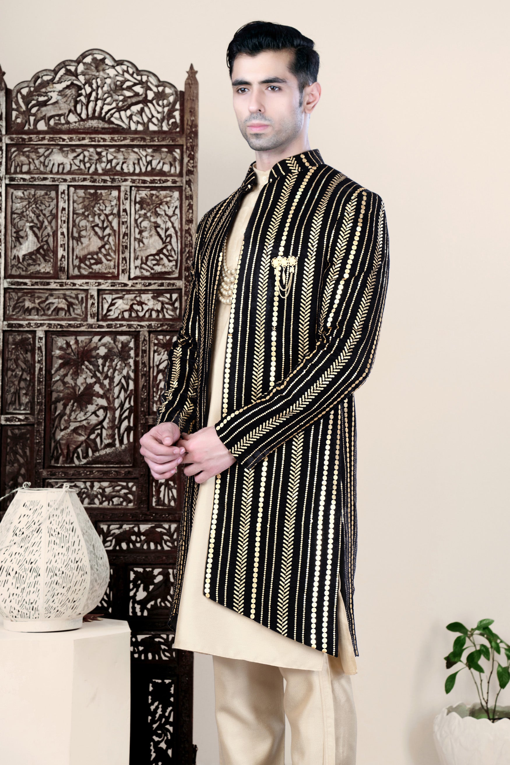Jade Black Vertical Sequin Embroidered Indo-Western