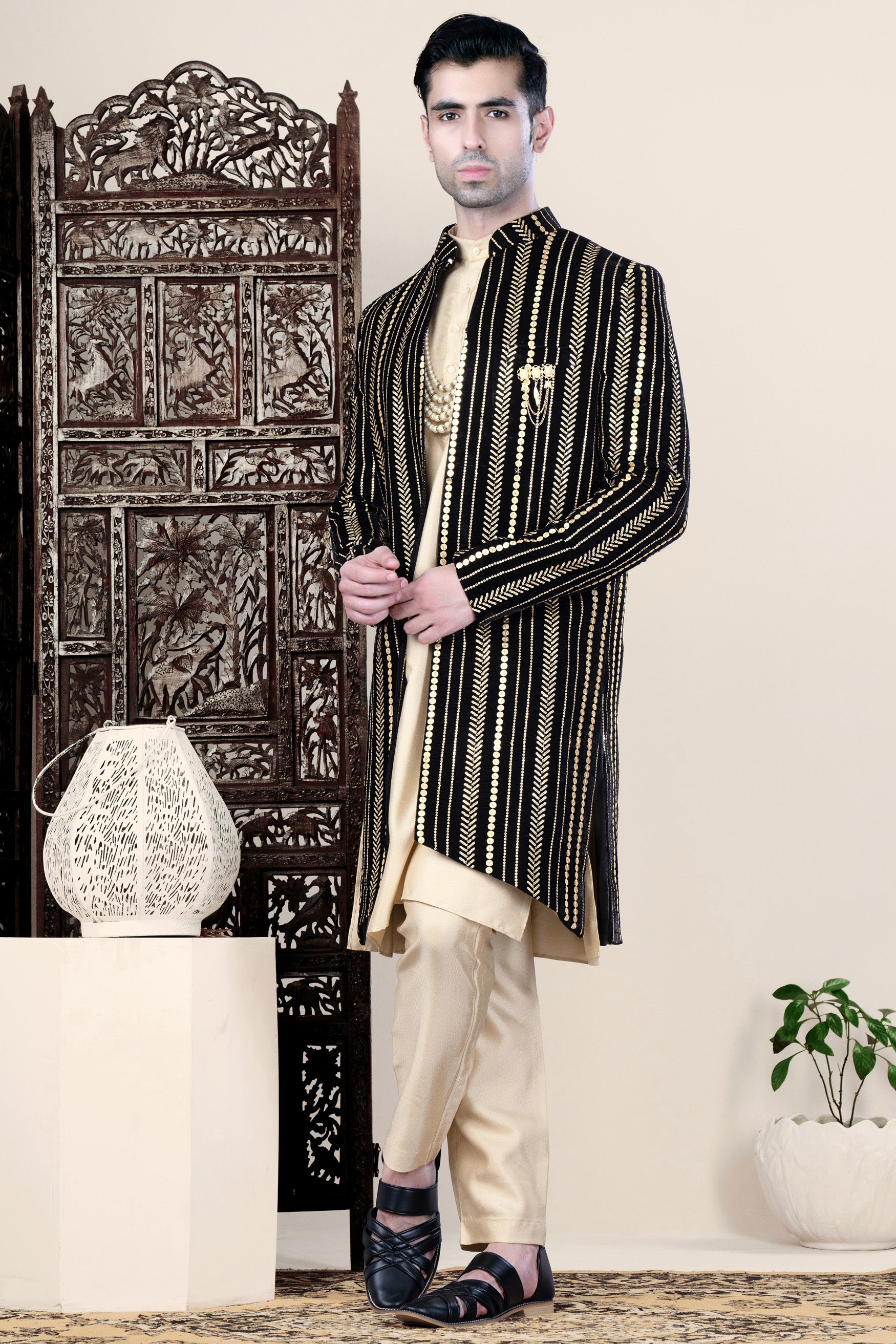 Jade Black Vertical Sequin Embroidered Indo-Western