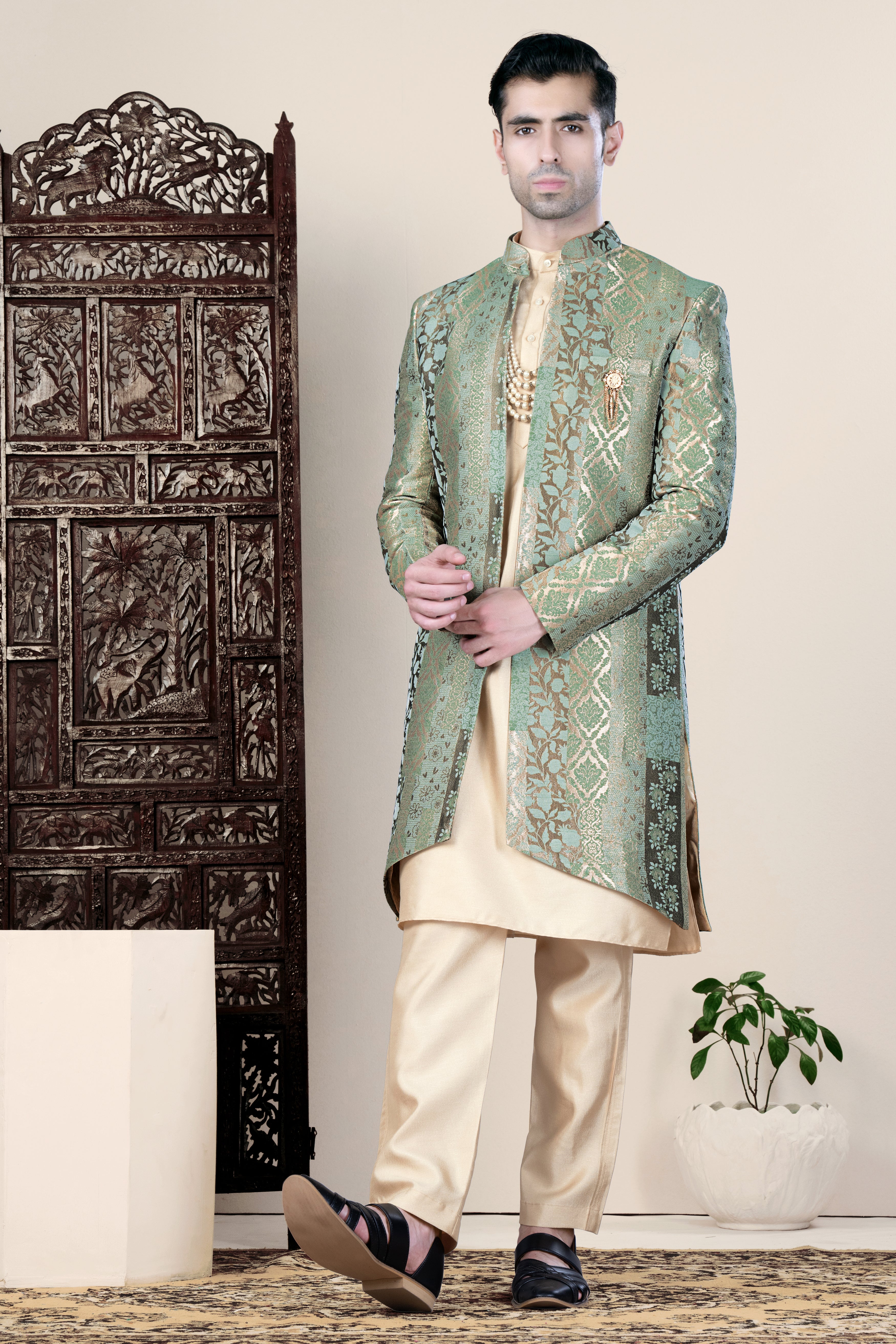 Envy Green and Opium Brown Jacquard Weave Indo-Western