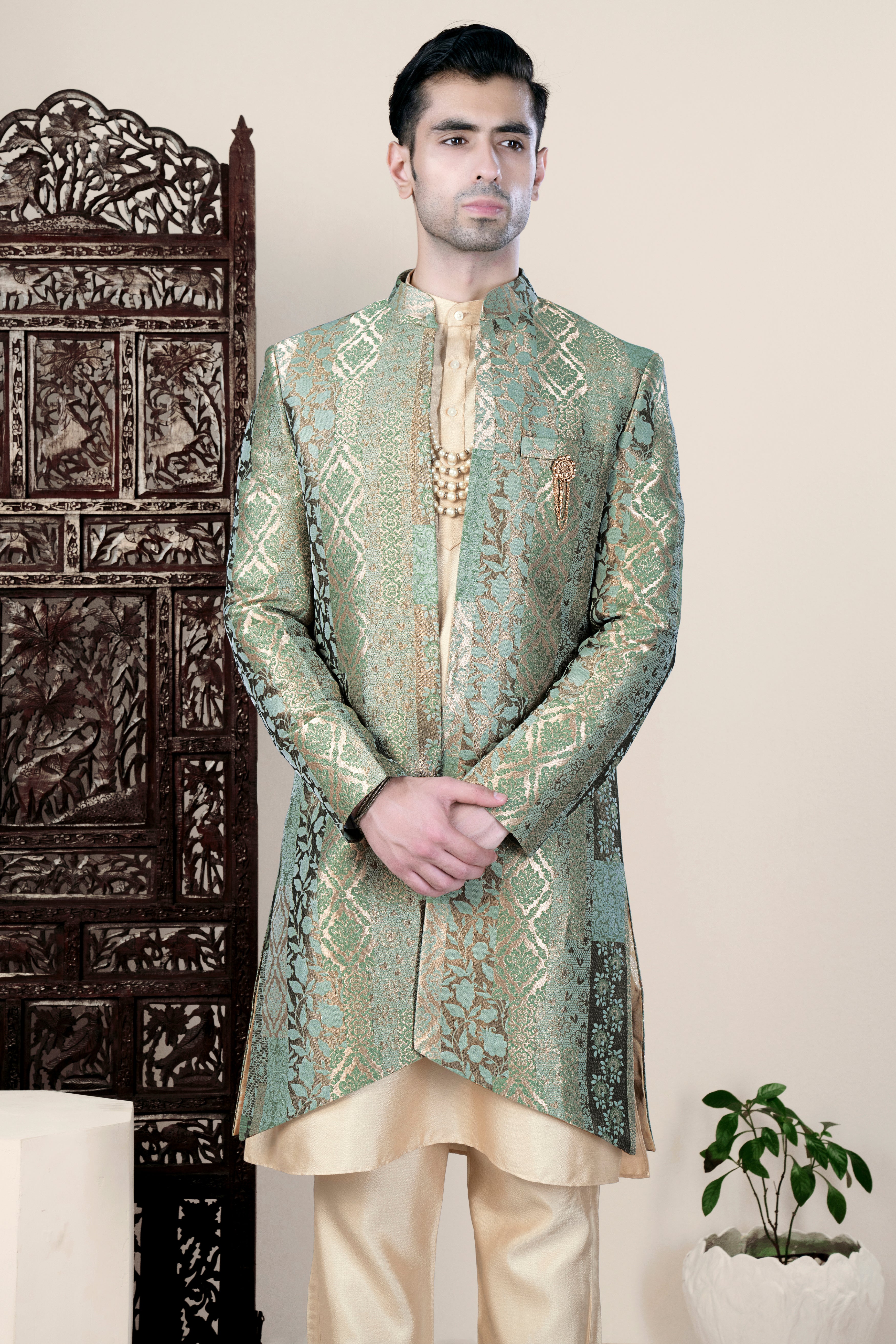 Envy Green and Opium Brown Jacquard Weave Indo-Western