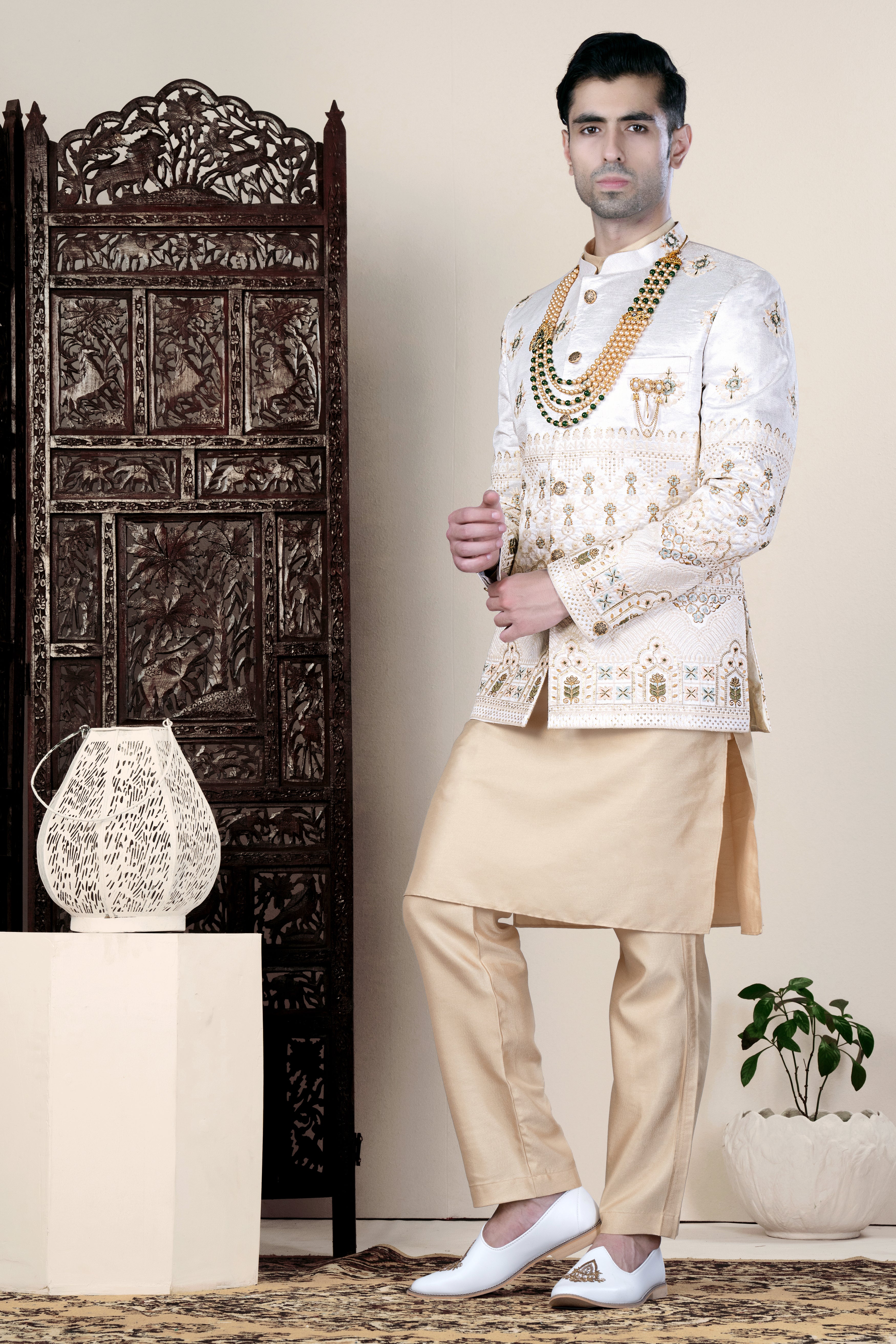 Bright White and Finch Green Floral Thread and Sequin Embroidered Jodhpuri