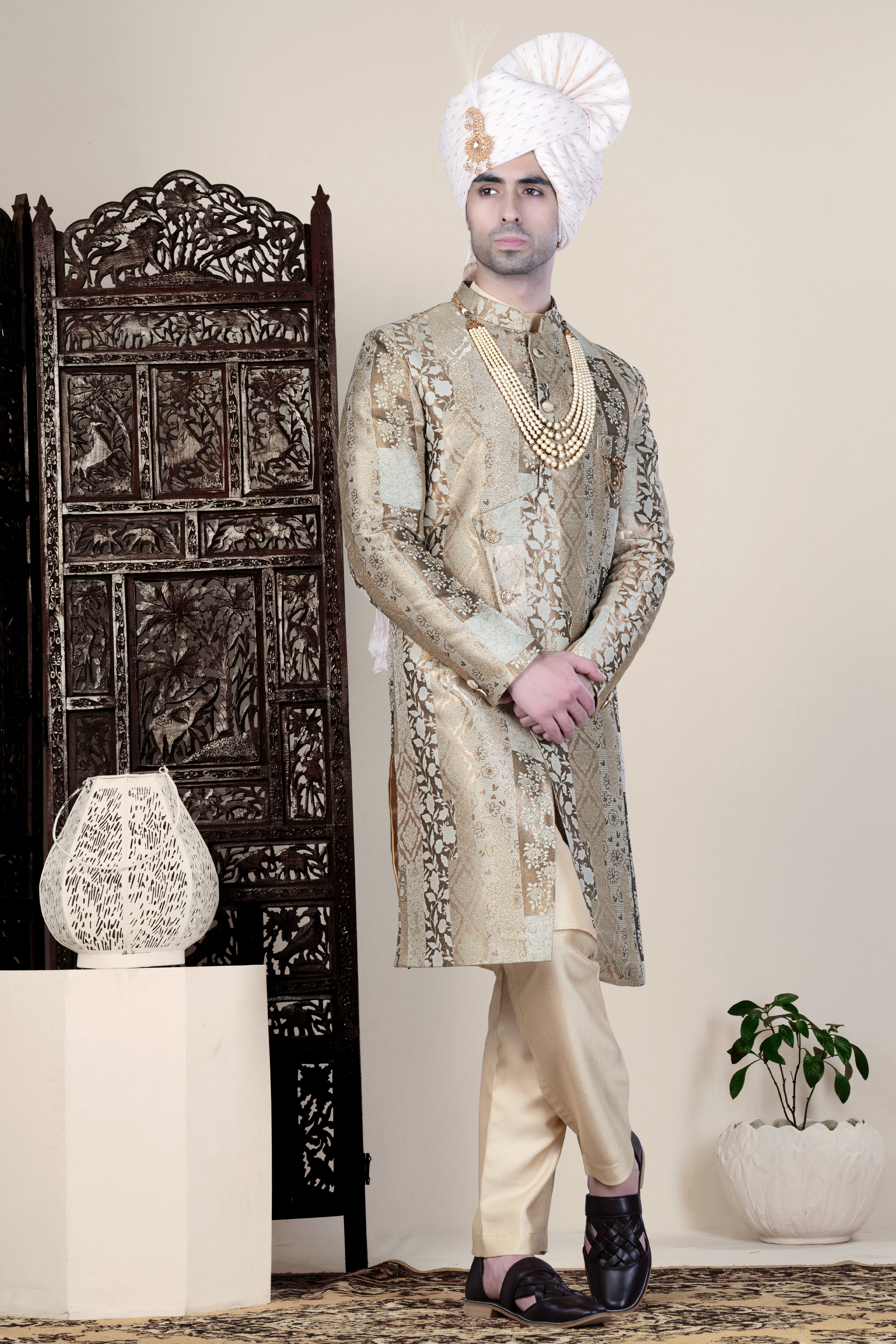 Nomad Brown and Armadillo Gray Jacquard Floral Weave Indo-Western Sherwani