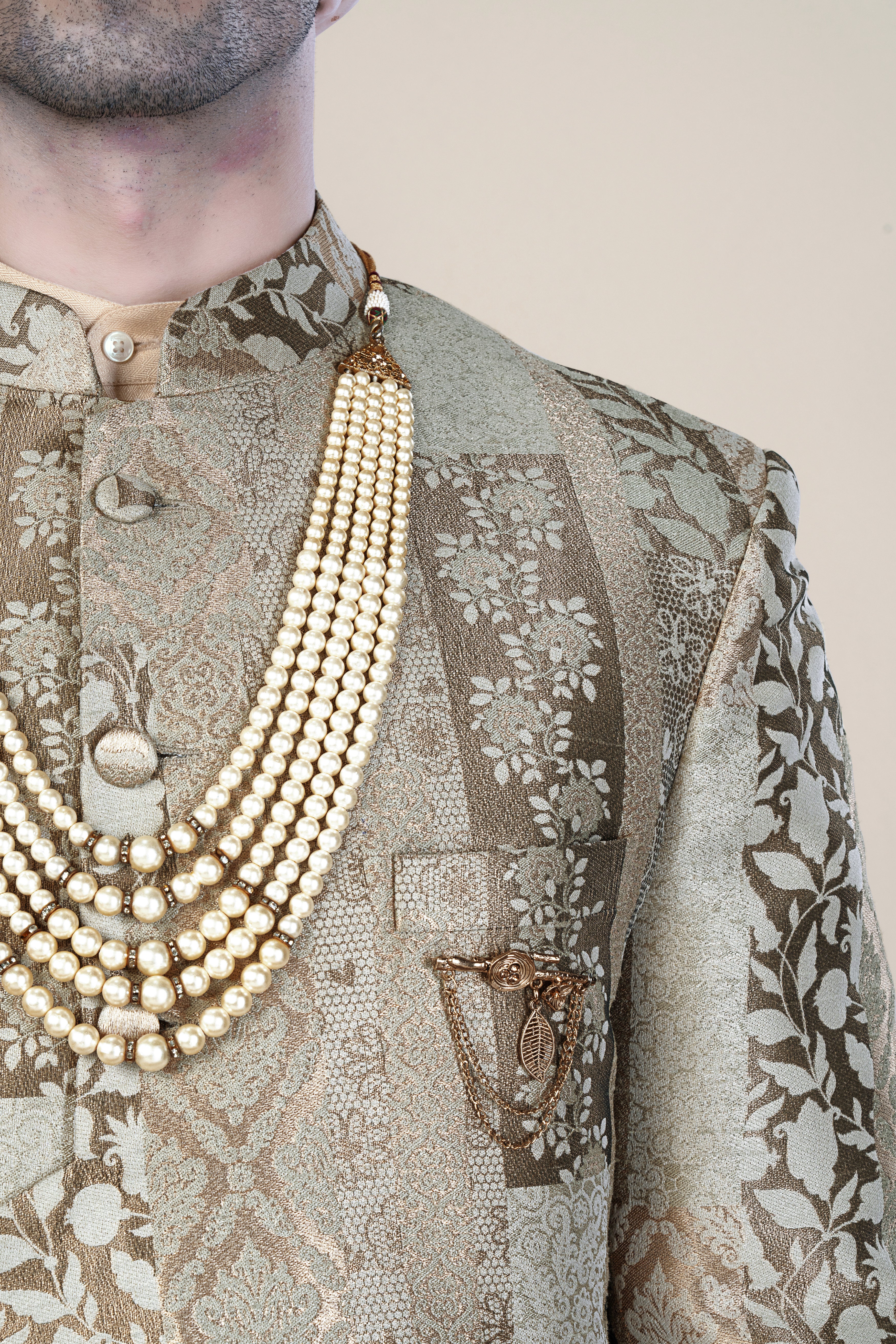 Nomad Brown and Armadillo Gray Jacquard Floral Weave Indo-Western Sherwani