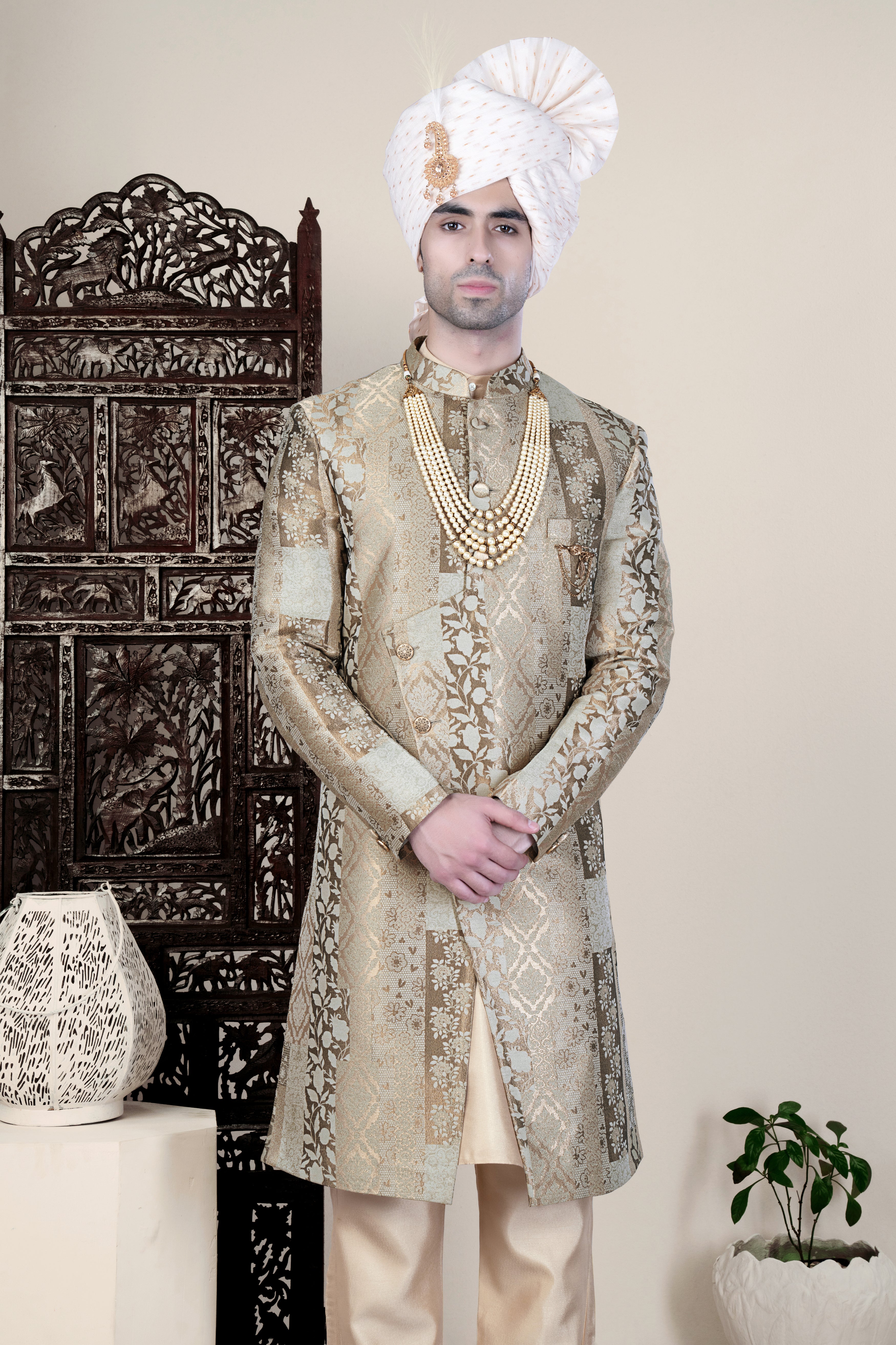 Nomad Brown and Armadillo Gray Jacquard Floral Weave Indo-Western Sherwani