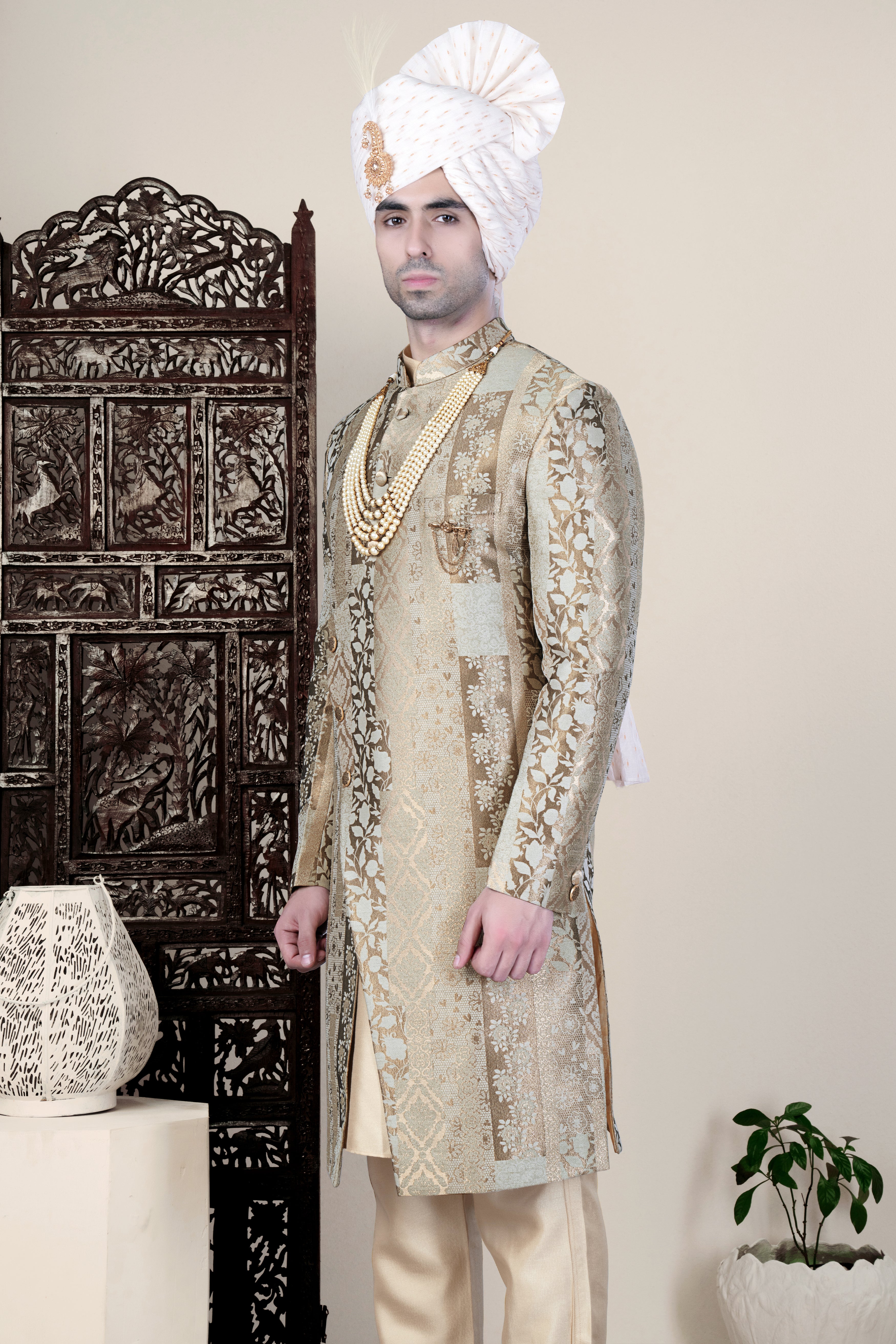 Nomad Brown and Armadillo Gray Jacquard Floral Weave Indo-Western Sherwani