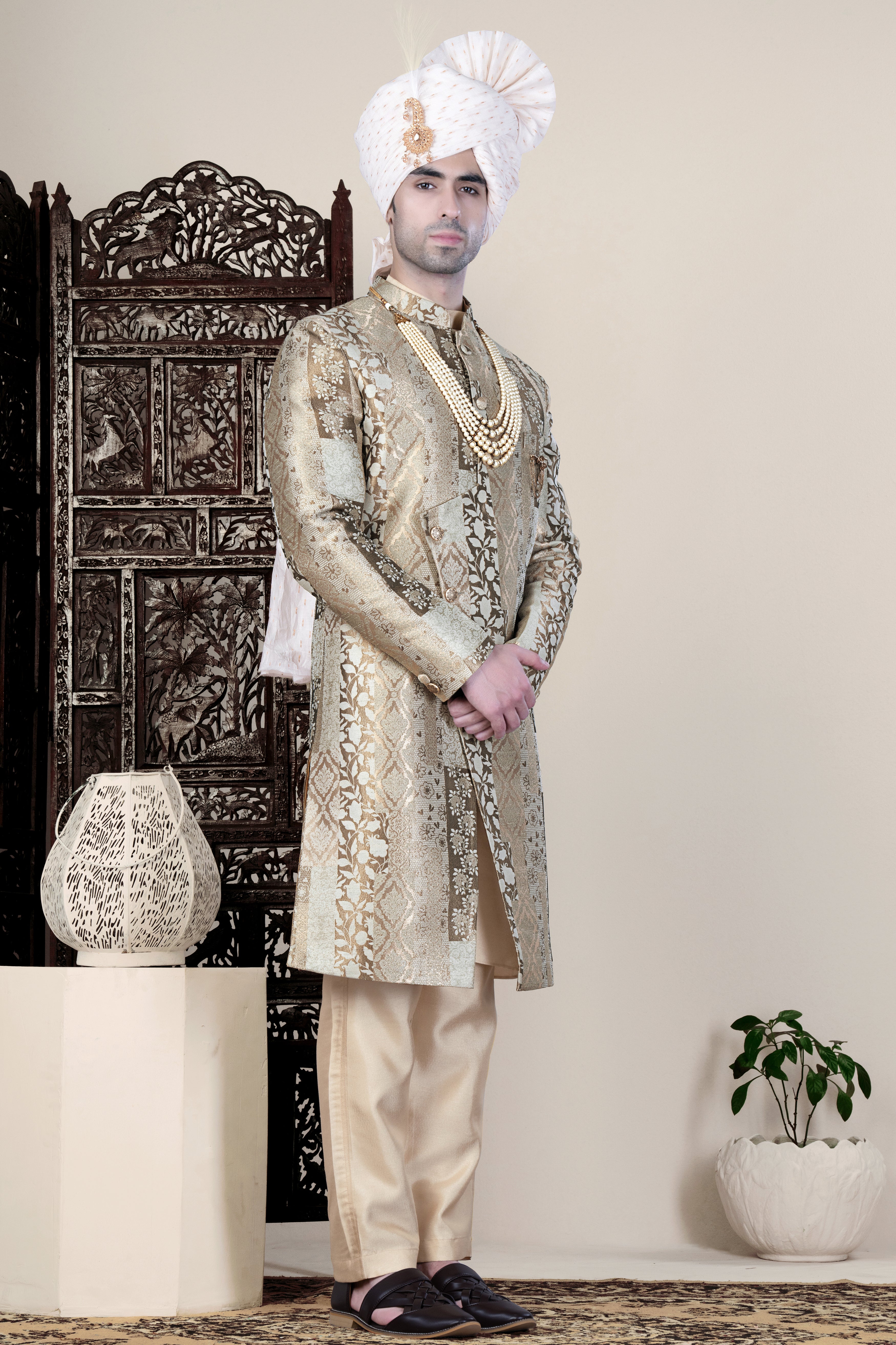 Nomad Brown and Armadillo Gray Jacquard Floral Weave Indo-Western Sherwani