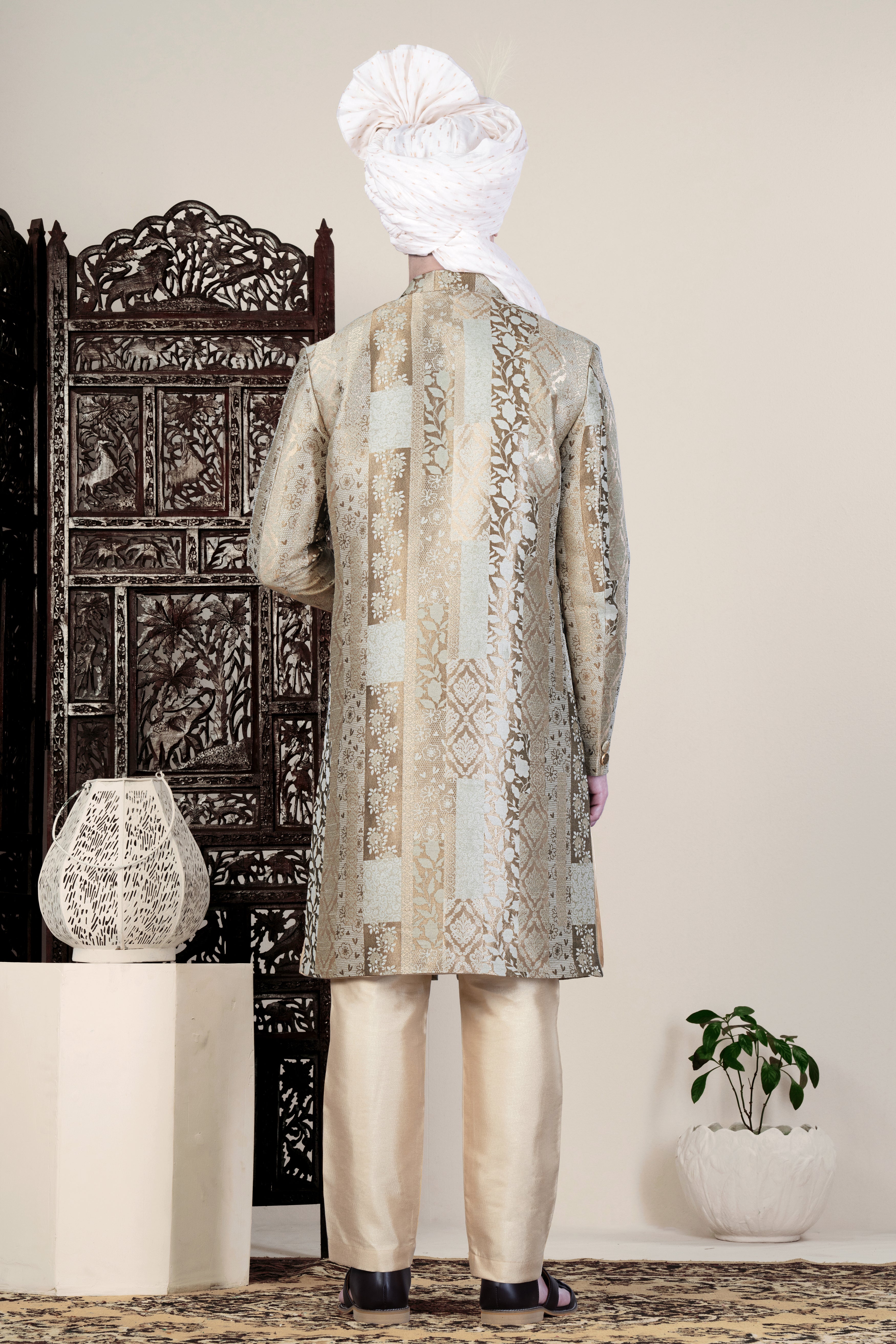 Nomad Brown and Armadillo Gray Jacquard Floral Weave Indo-Western Sherwani