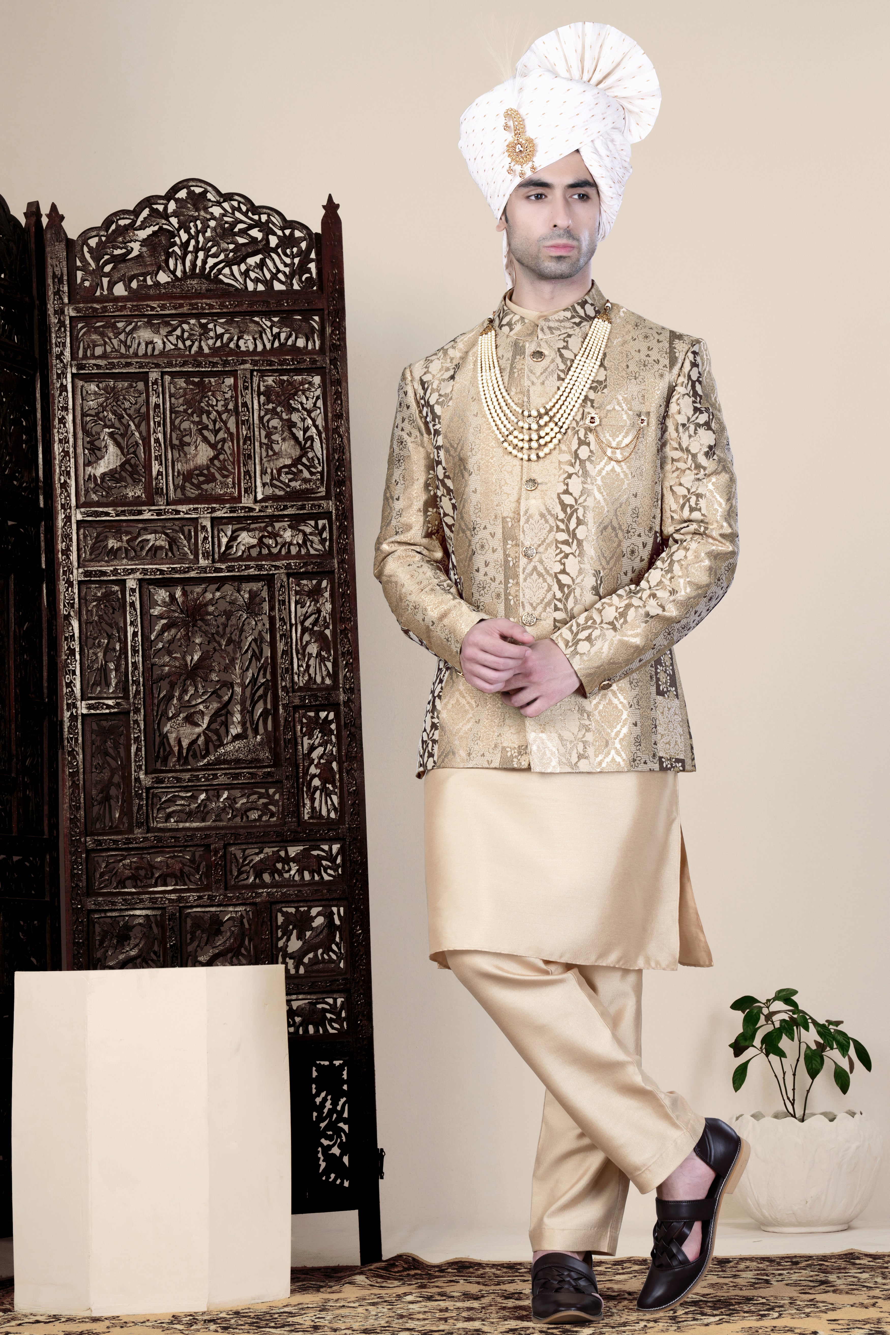 Cashmere and Sandrift Brown Jacquard Floral Weave Jodhpuri Set