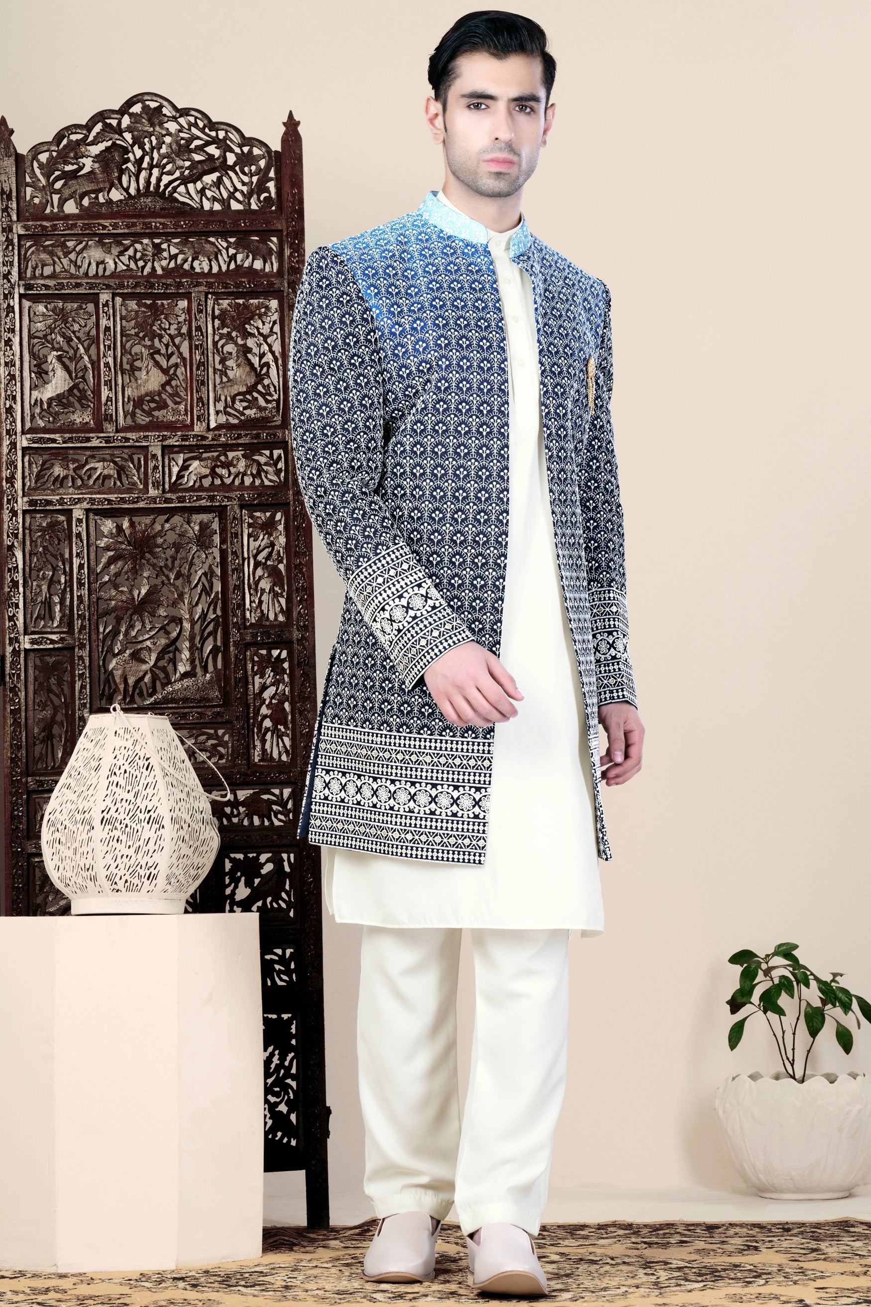 Cloud Blue and White Thread Embroidered Indo-Western