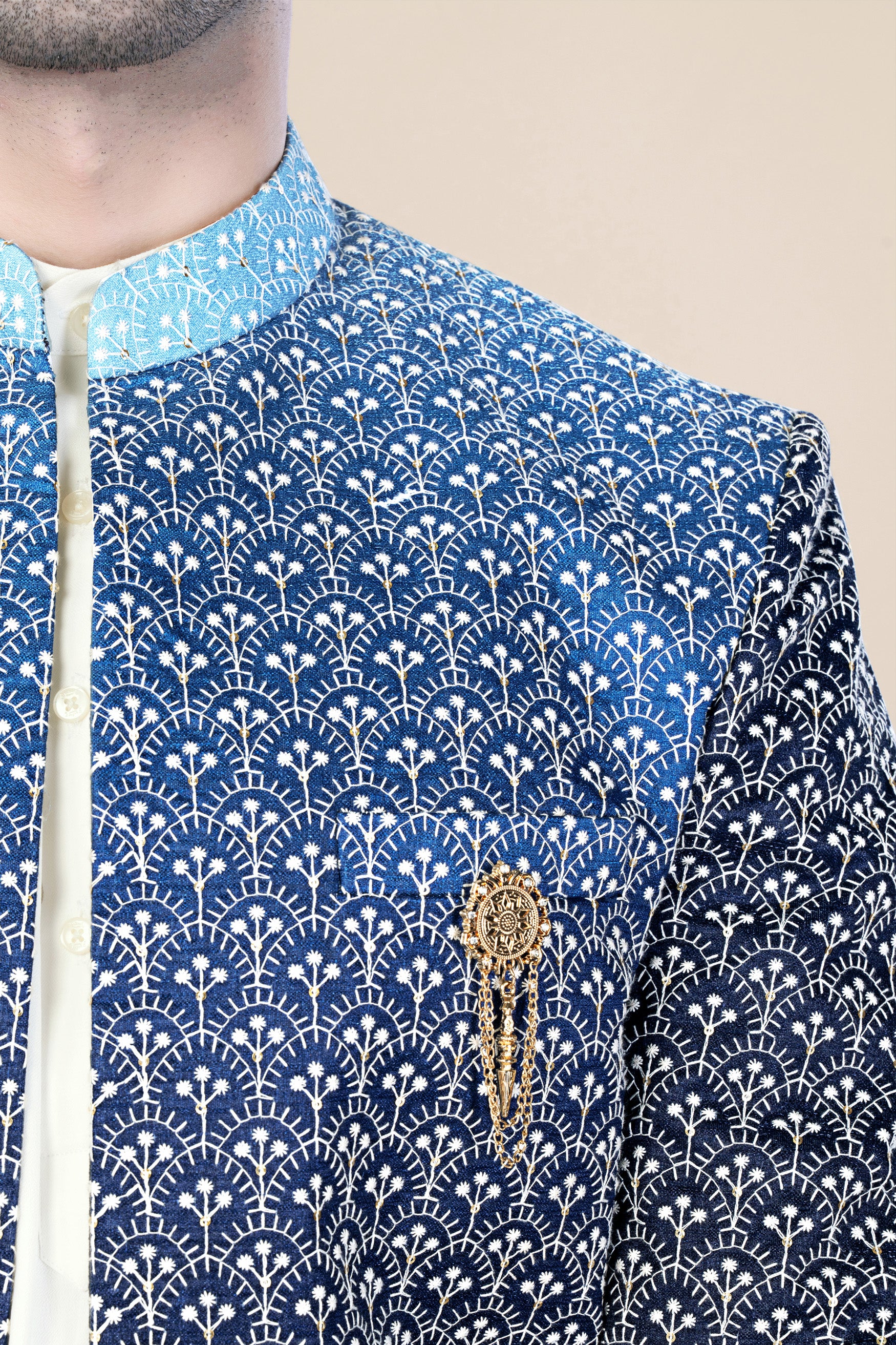 Cloud Blue and White Thread Embroidered Indo-Western