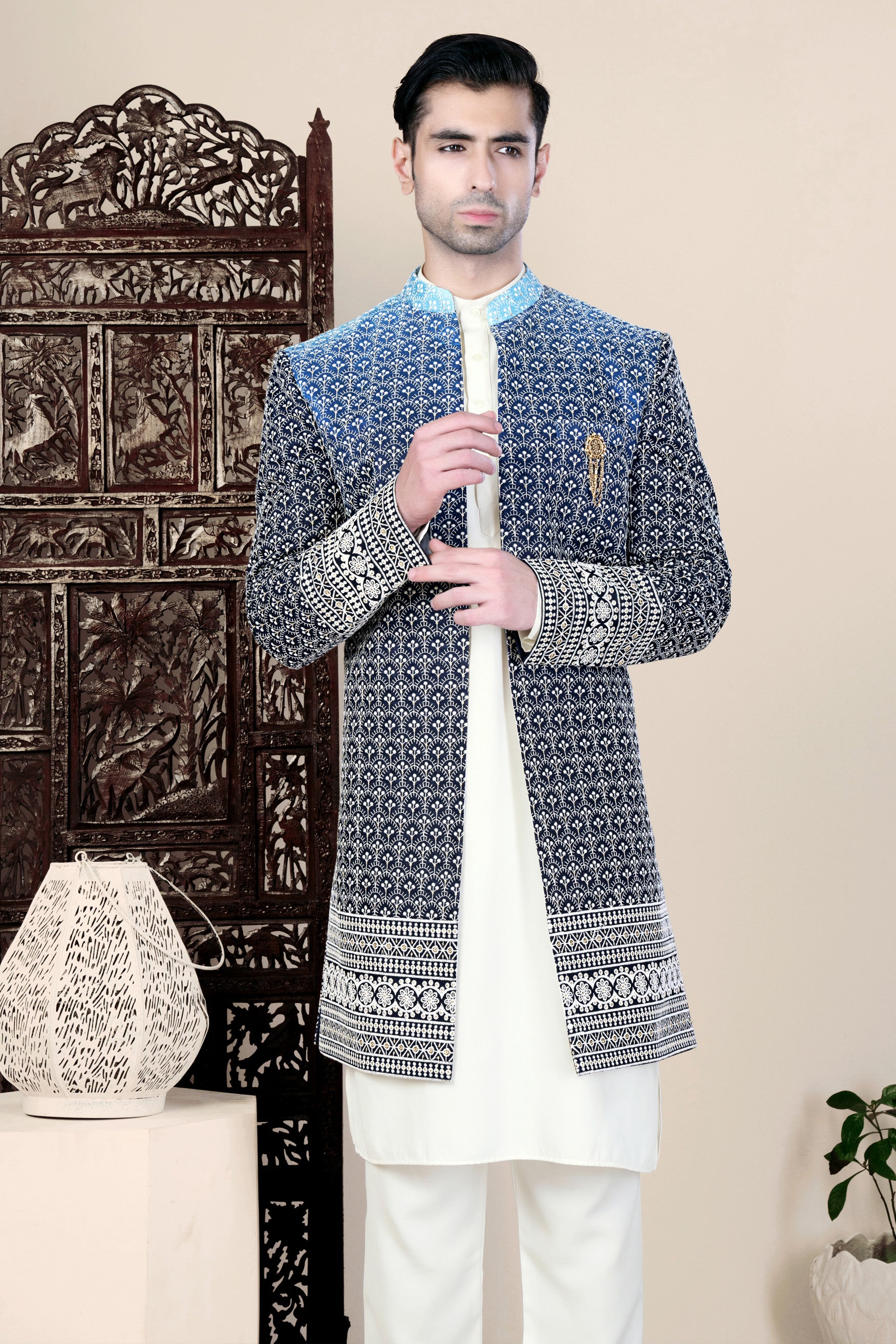 Cloud Blue and White Thread Embroidered Indo-Western