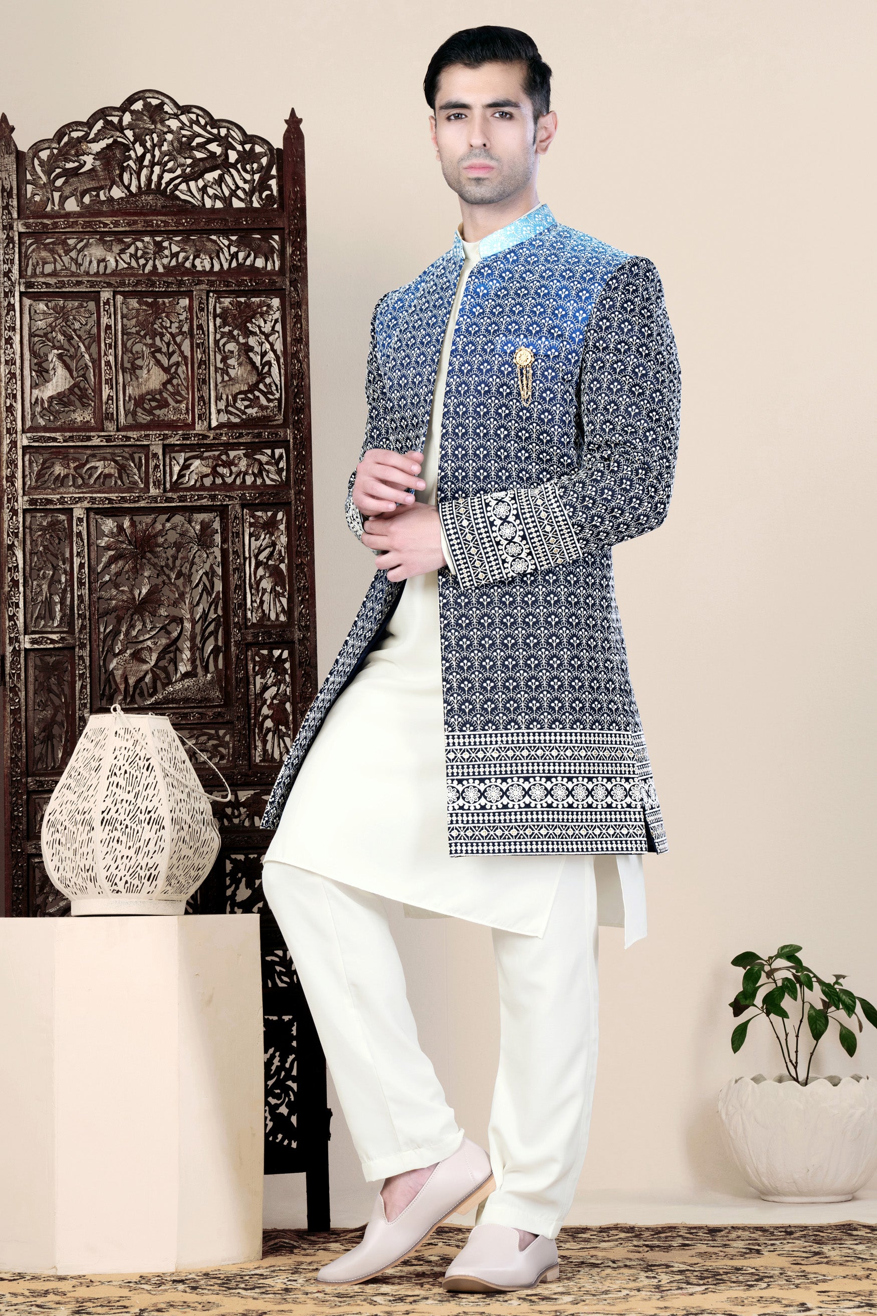 Cloud Blue and White Thread Embroidered Indo-Western