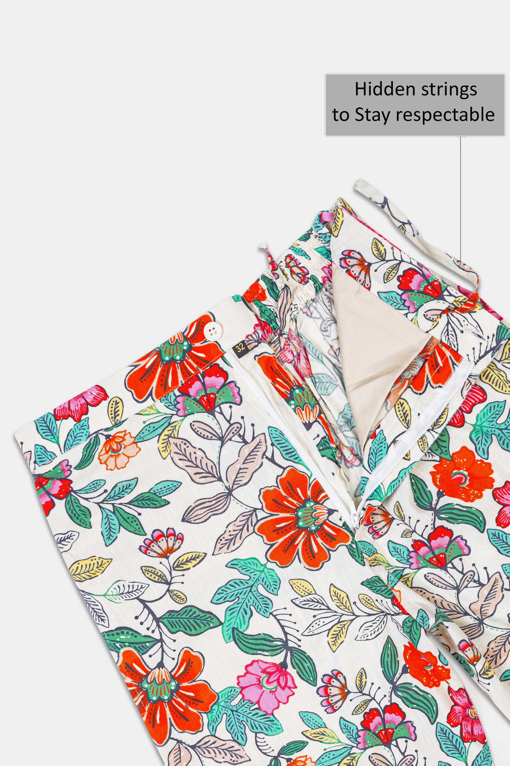 Bright White with Fern Green Multicolor Floral Printed Premium Tencel Shorts SR342-28, SR342-30, SR342-32, SR342-34, SR342-36, SR342-38, SR342-40, SR342-42, SR342-44