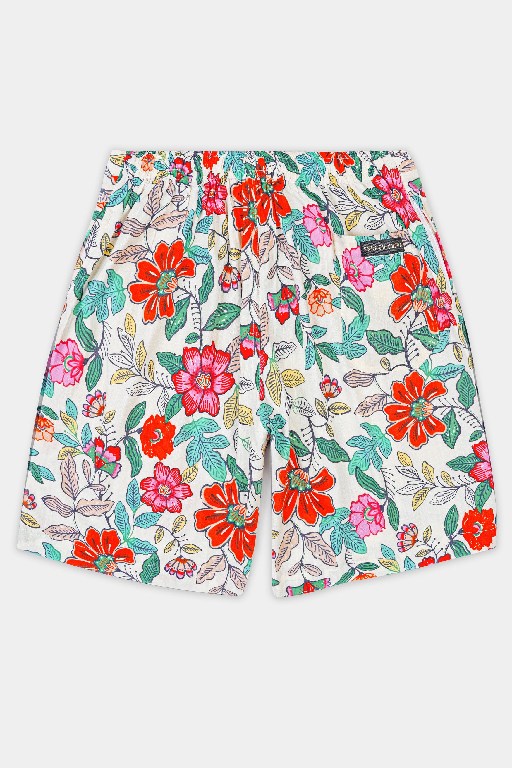 Bright White with Fern Green Multicolor Floral Printed Premium Tencel Shorts SR342-28, SR342-30, SR342-32, SR342-34, SR342-36, SR342-38, SR342-40, SR342-42, SR342-44