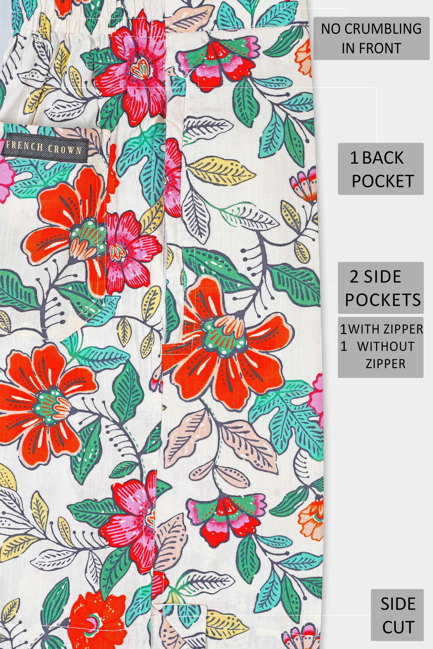 Bright White with Fern Green Multicolor Floral Printed Premium Tencel Shorts SR342-28, SR342-30, SR342-32, SR342-34, SR342-36, SR342-38, SR342-40, SR342-42, SR342-44