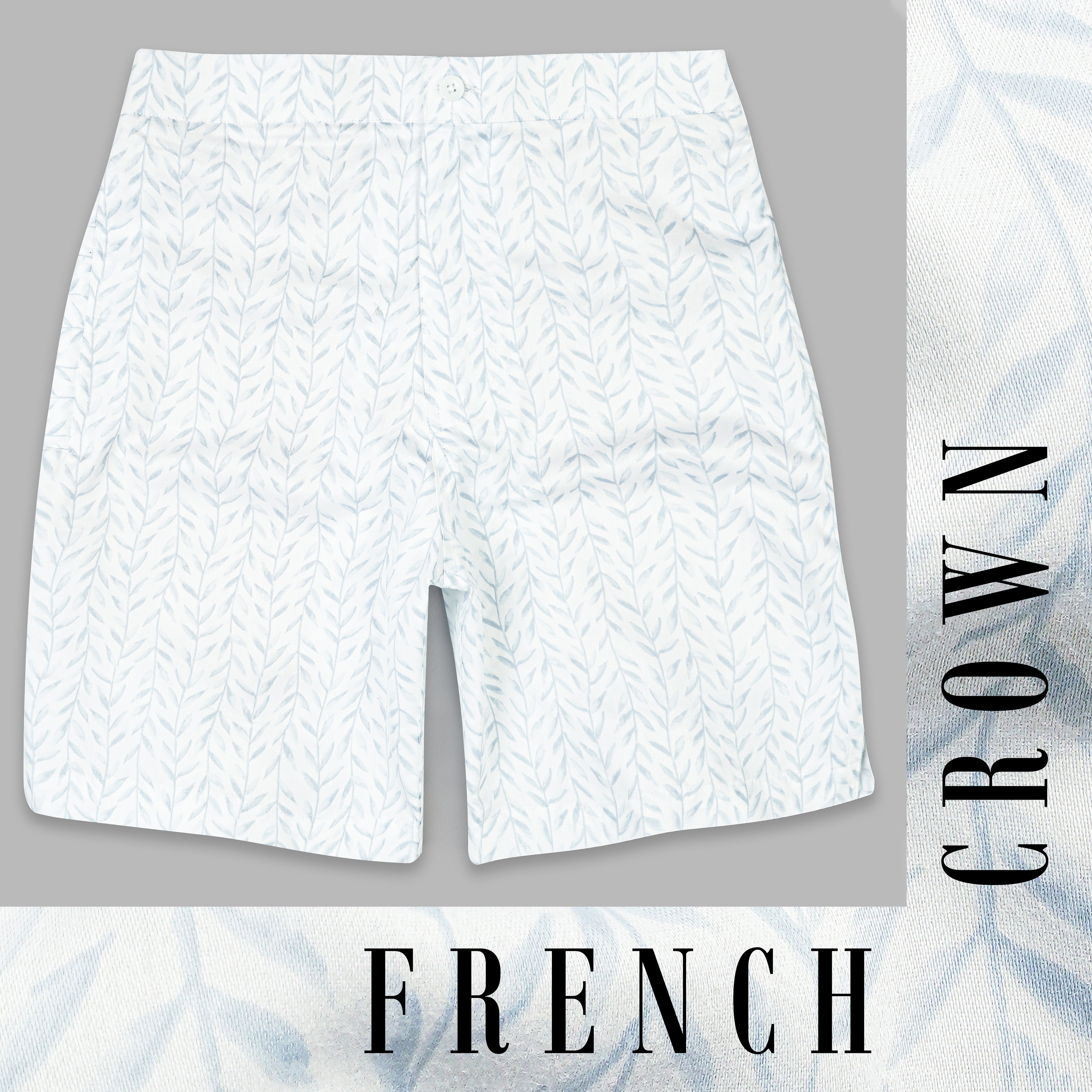 Bright White with Geyser Blue Leaves Printed Subtle Sheen Super Soft Premium Cotton Shorts SR343-28, SR343-30, SR343-32, SR343-34, SR343-36, SR343-38, SR343-40, SR343-42, SR343-44