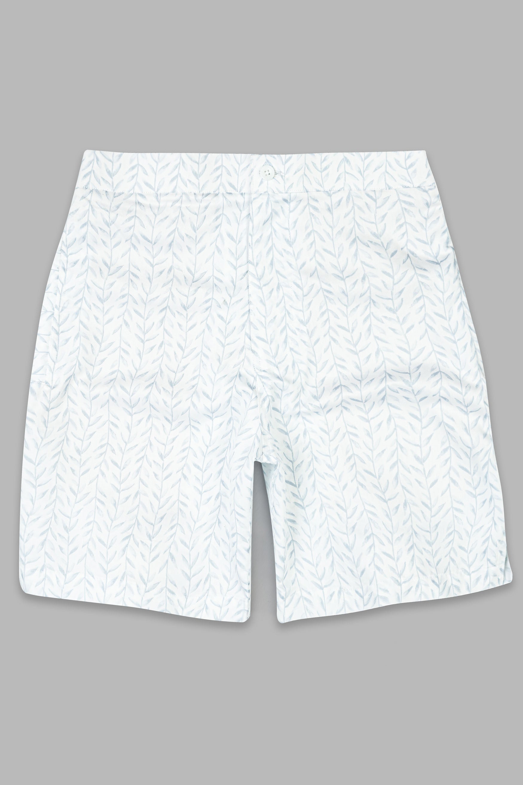 Bright White with Geyser Blue Leaves Printed Subtle Sheen Super Soft Premium Cotton Shorts SR343-28, SR343-30, SR343-32, SR343-34, SR343-36, SR343-38, SR343-40, SR343-42, SR343-44