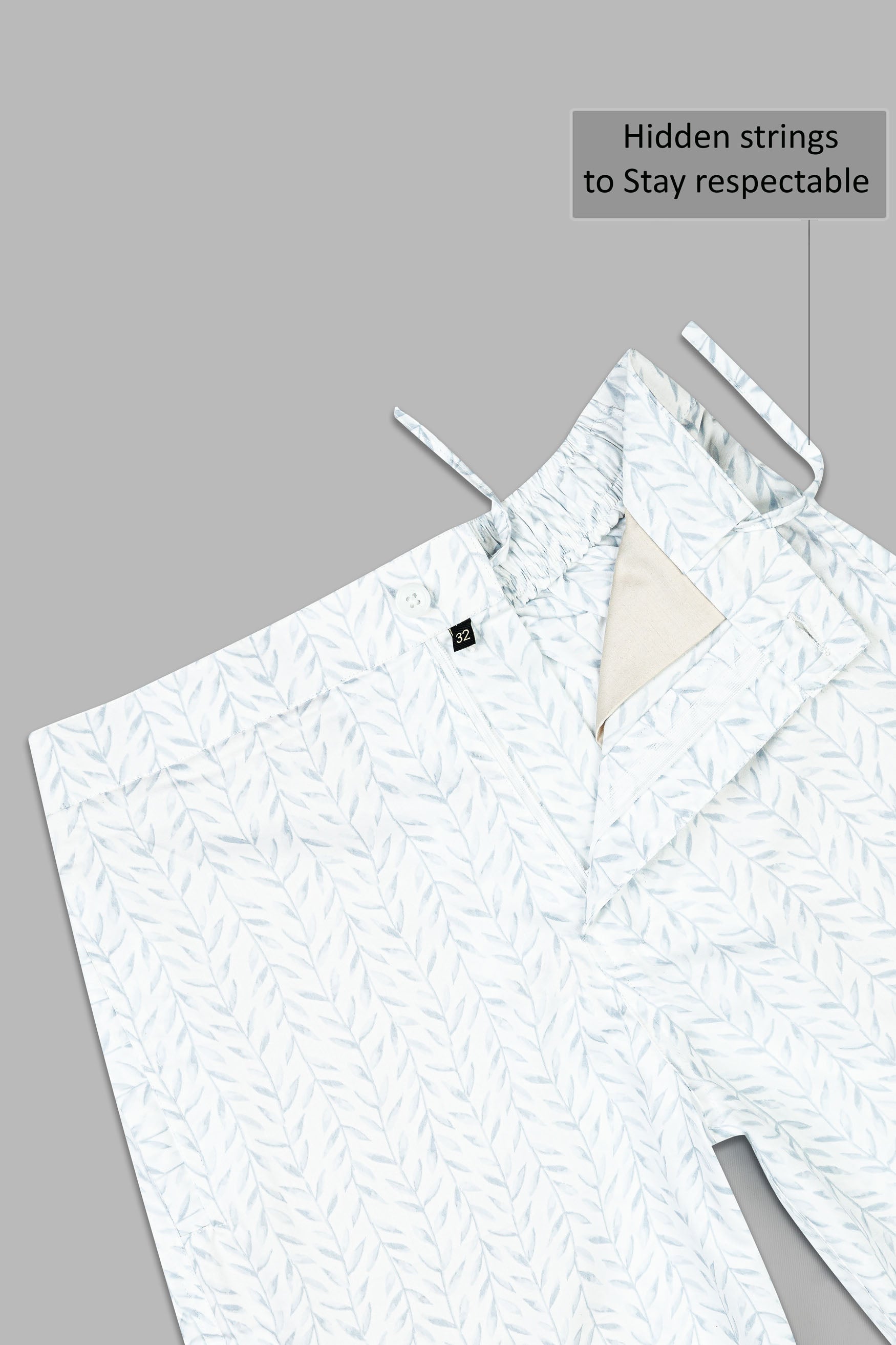 Bright White with Geyser Blue Leaves Printed Subtle Sheen Super Soft Premium Cotton Shorts SR343-28, SR343-30, SR343-32, SR343-34, SR343-36, SR343-38, SR343-40, SR343-42, SR343-44