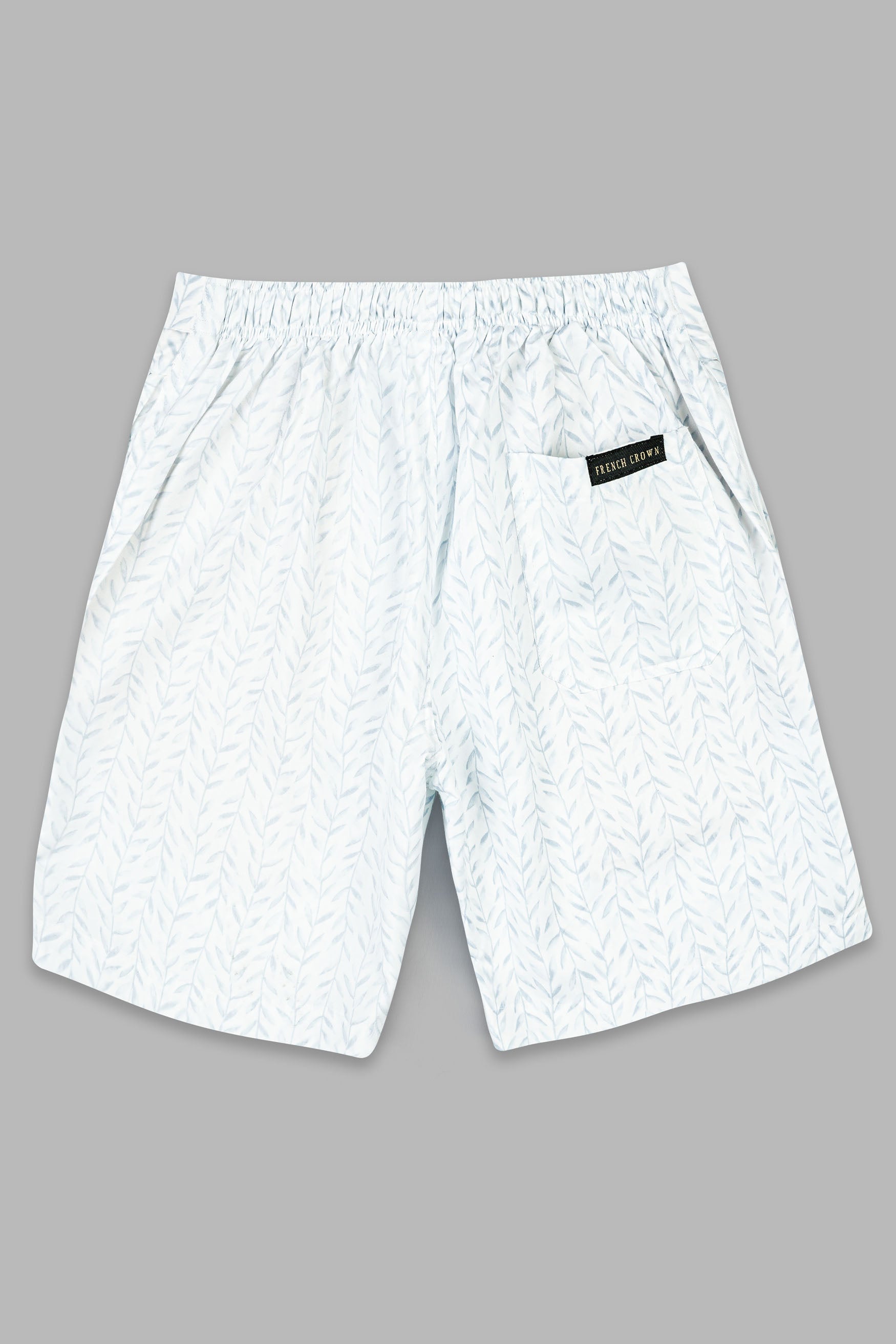 Bright White with Geyser Blue Leaves Printed Subtle Sheen Super Soft Premium Cotton Shorts SR343-28, SR343-30, SR343-32, SR343-34, SR343-36, SR343-38, SR343-40, SR343-42, SR343-44
