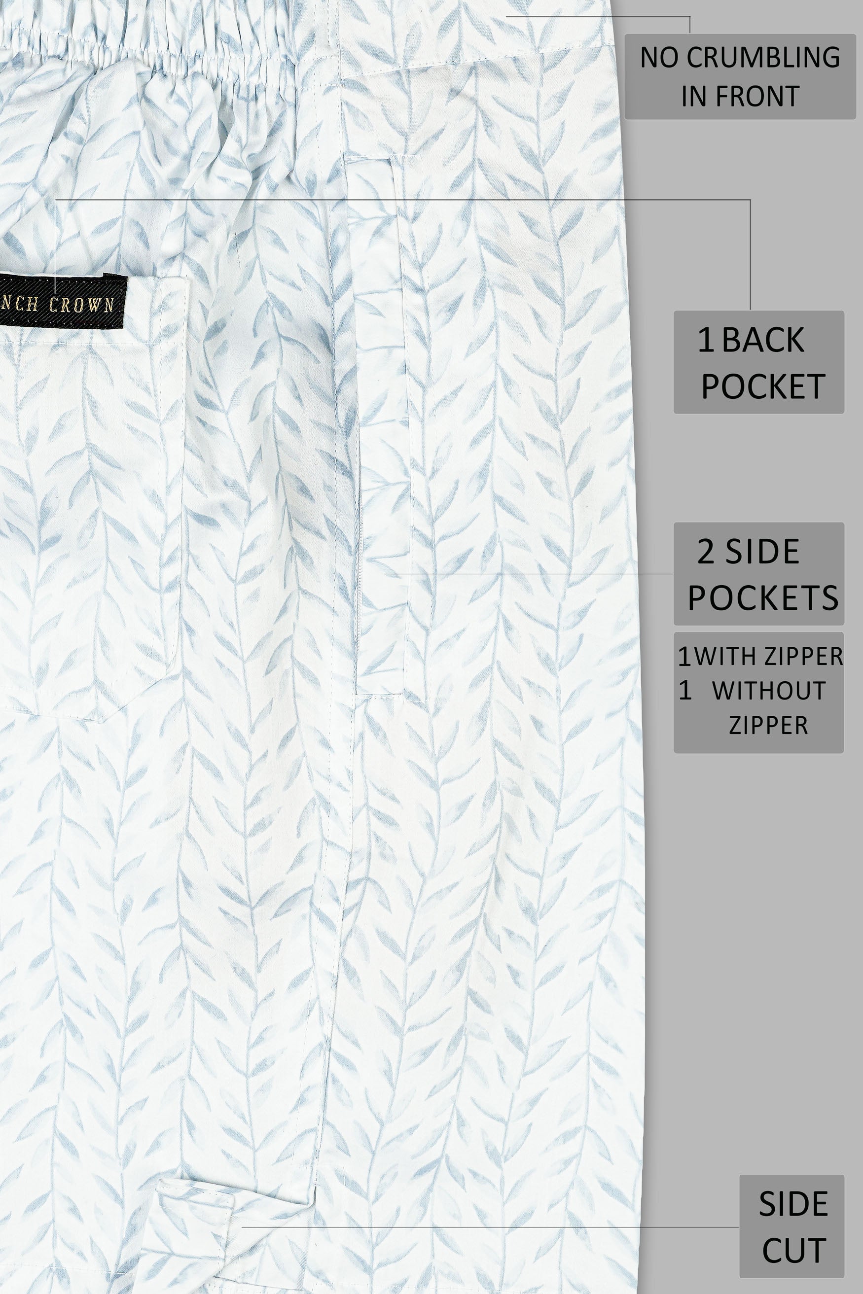 Bright White with Geyser Blue Leaves Printed Subtle Sheen Super Soft Premium Cotton Shorts SR343-28, SR343-30, SR343-32, SR343-34, SR343-36, SR343-38, SR343-40, SR343-42, SR343-44