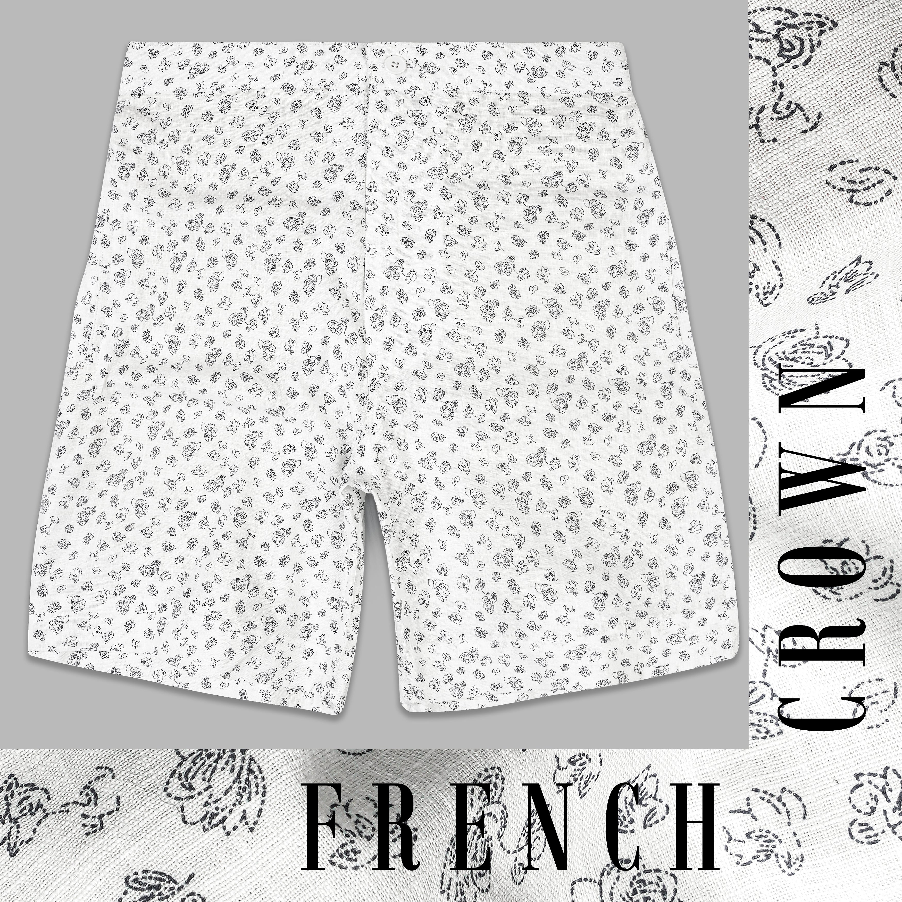 Bright White with Jade Black Flowers Printed Premium Linen Shorts SR347-28, SR347-30, SR347-32, SR347-34, SR347-36, SR347-38, SR347-40, SR347-42, SR347-44