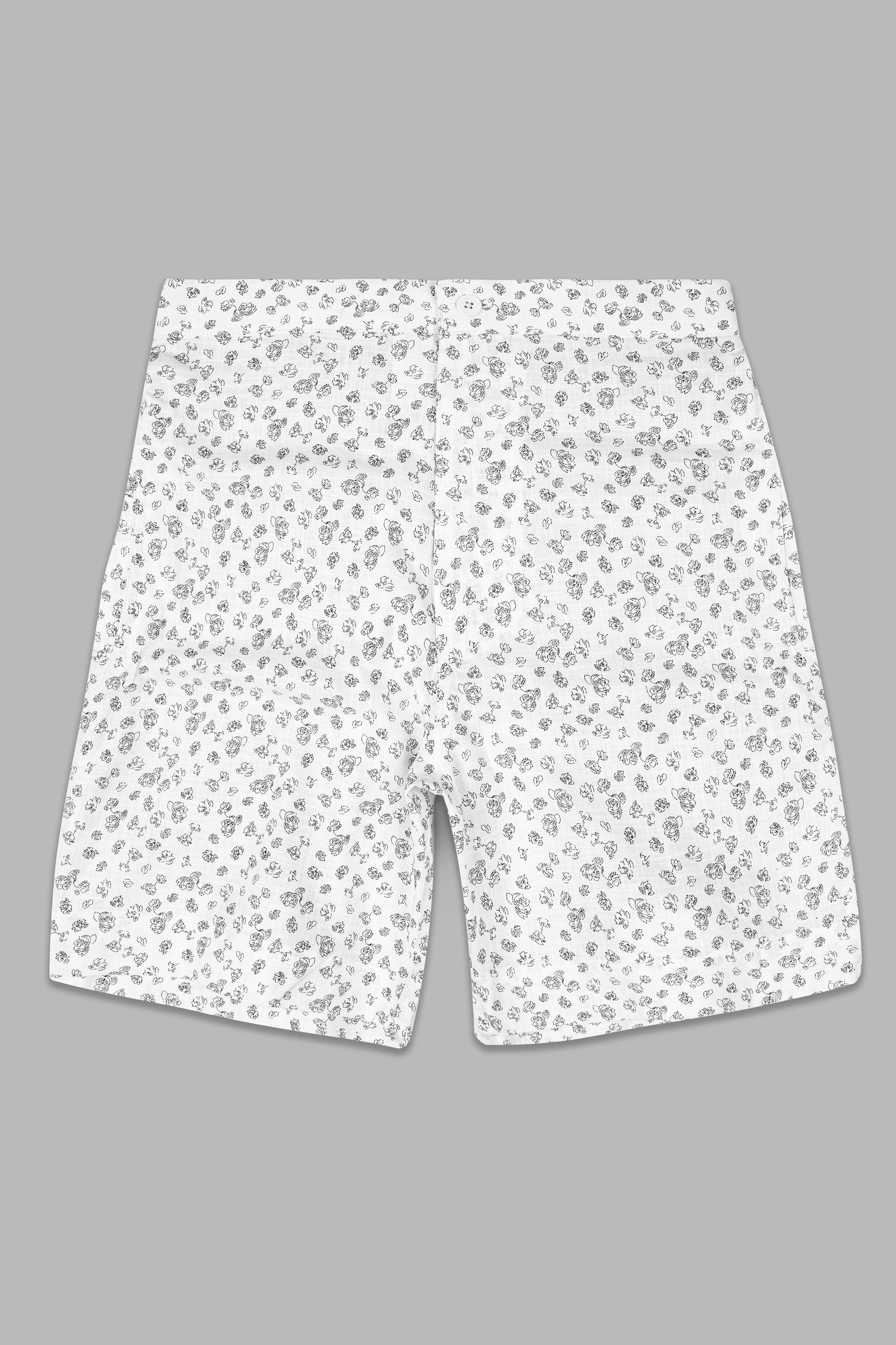 Bright White with Jade Black Flowers Printed Premium Linen Shorts SR347-28, SR347-30, SR347-32, SR347-34, SR347-36, SR347-38, SR347-40, SR347-42, SR347-44