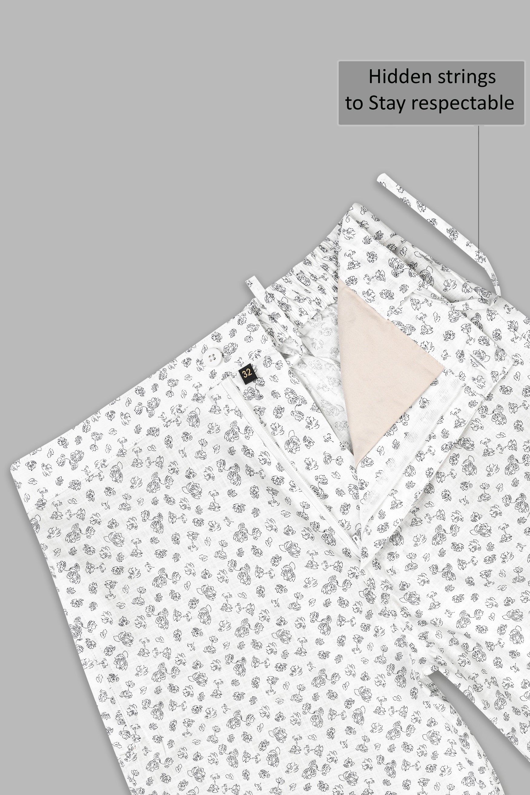 Bright White with Jade Black Flowers Printed Premium Linen Shorts SR347-28, SR347-30, SR347-32, SR347-34, SR347-36, SR347-38, SR347-40, SR347-42, SR347-44