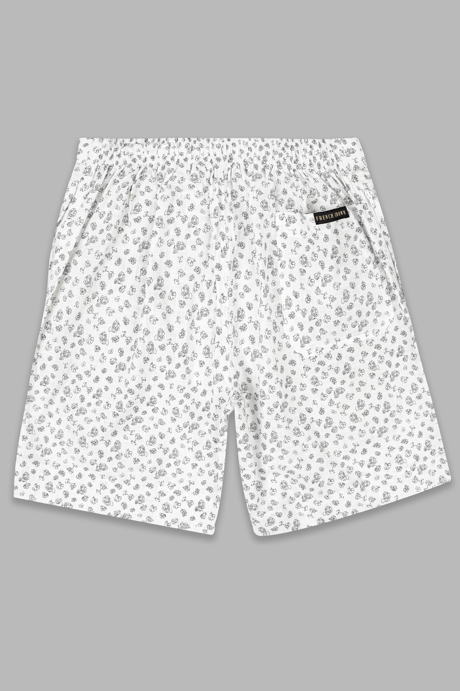 Bright White with Jade Black Flowers Printed Premium Linen Shorts SR347-28, SR347-30, SR347-32, SR347-34, SR347-36, SR347-38, SR347-40, SR347-42, SR347-44