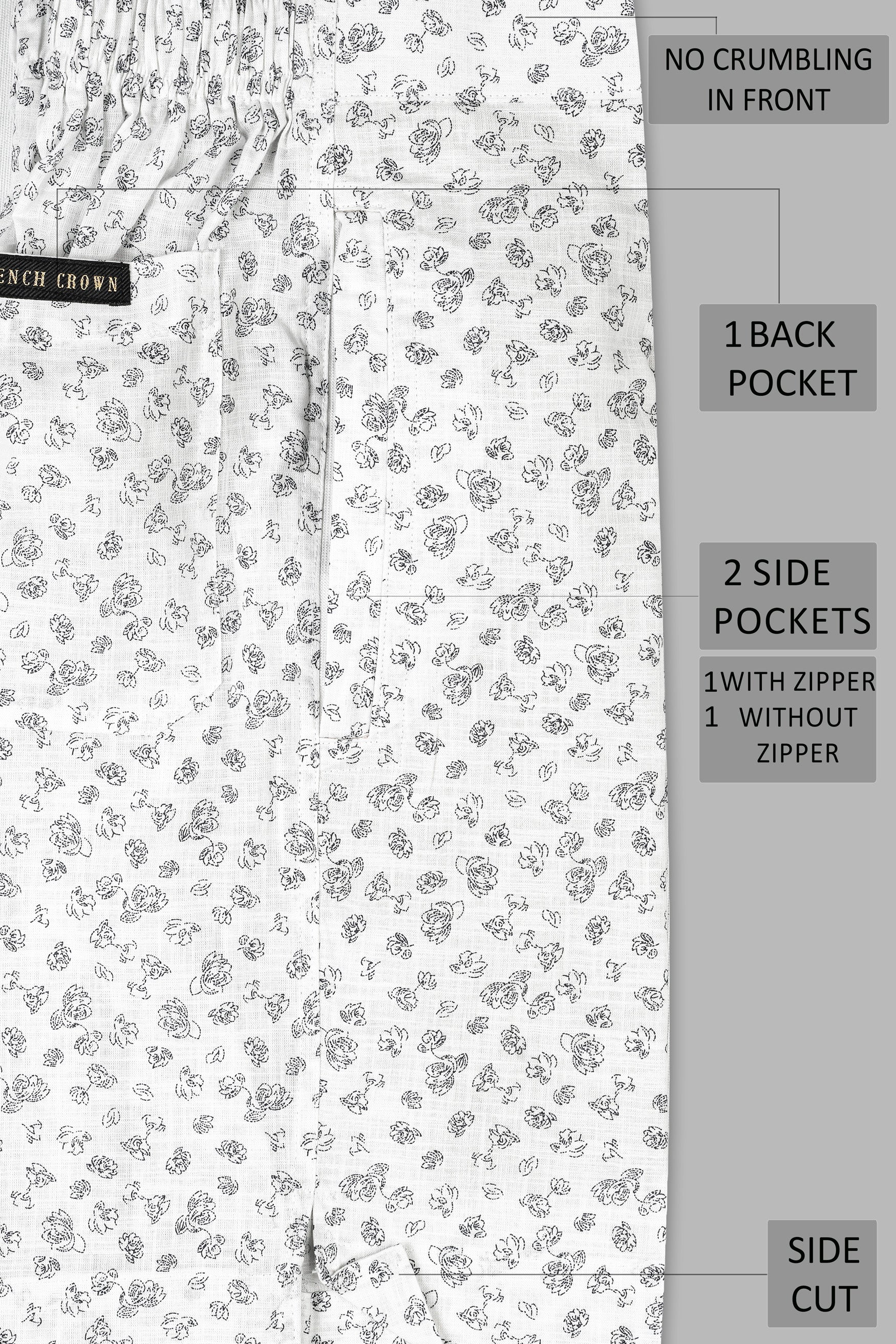 Bright White with Jade Black Flowers Printed Premium Linen Shorts SR347-28, SR347-30, SR347-32, SR347-34, SR347-36, SR347-38, SR347-40, SR347-42, SR347-44