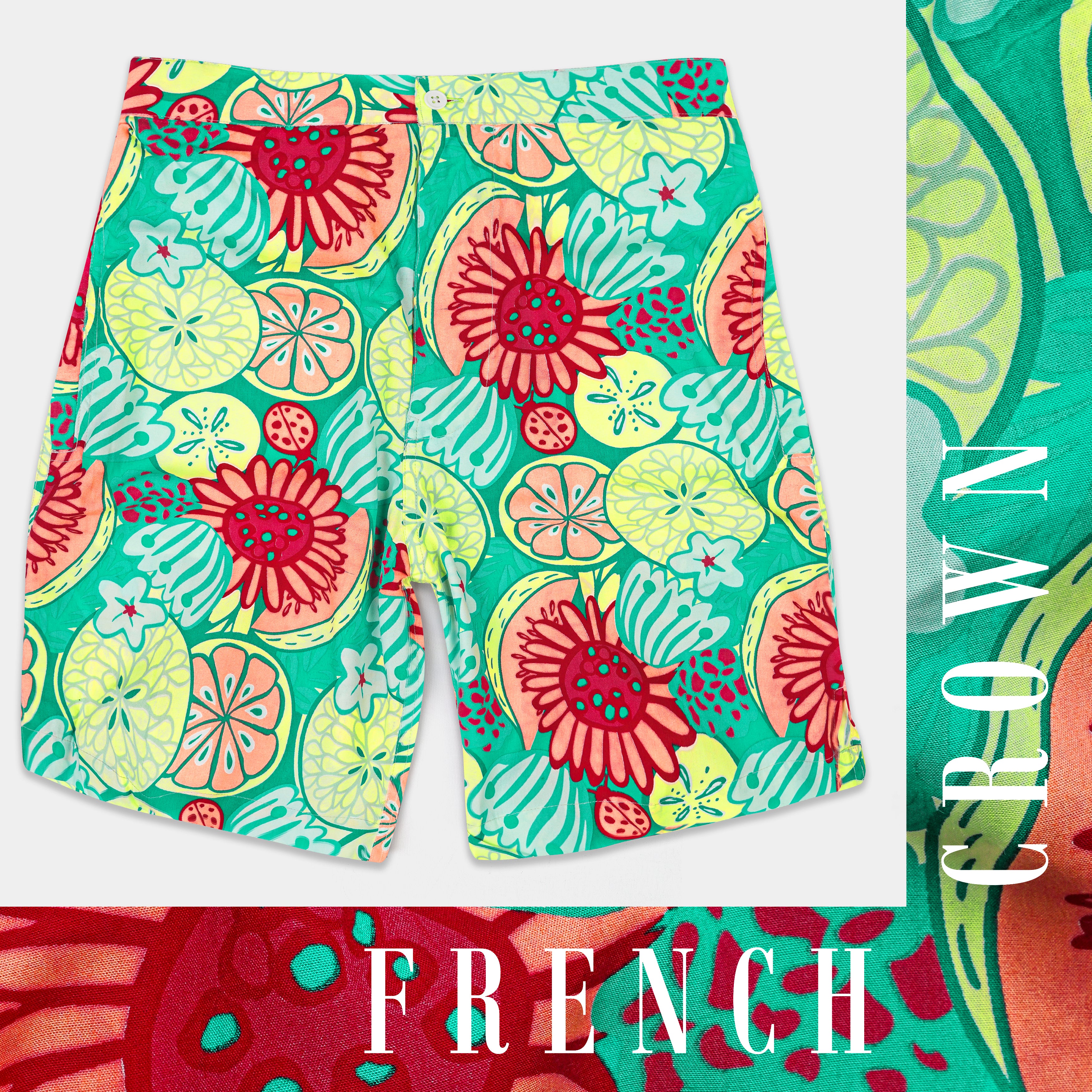 Caribbean Green with Scarlet Red Floral Printed Premium Cotton Shorts SR349-28, SR349-30, SR349-32, SR349-34, SR349-36, SR349-38, SR349-40, SR349-42, SR349-44