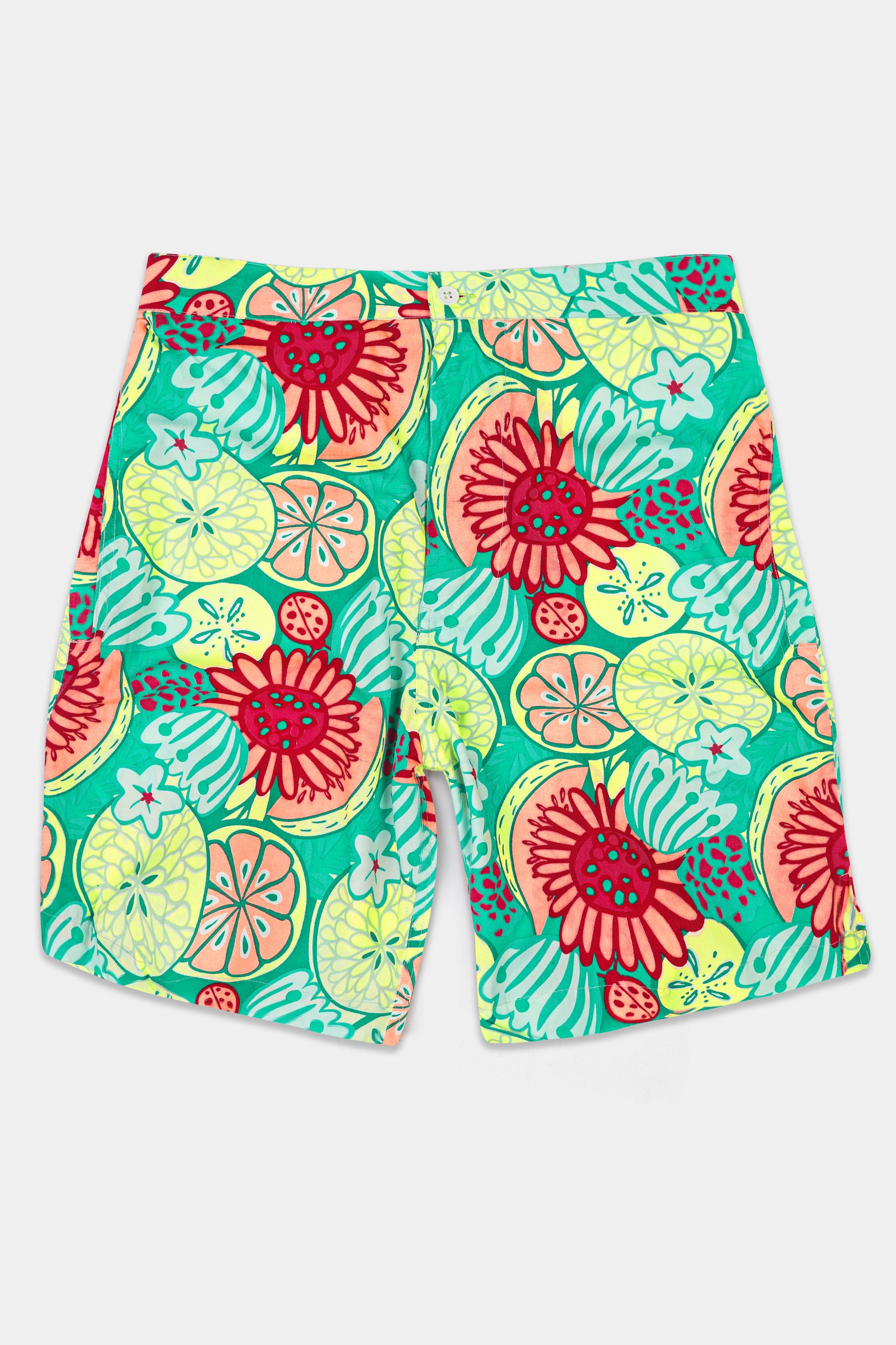 Caribbean Green with Scarlet Red Floral Printed Premium Cotton Shorts SR349-28, SR349-30, SR349-32, SR349-34, SR349-36, SR349-38, SR349-40, SR349-42, SR349-44