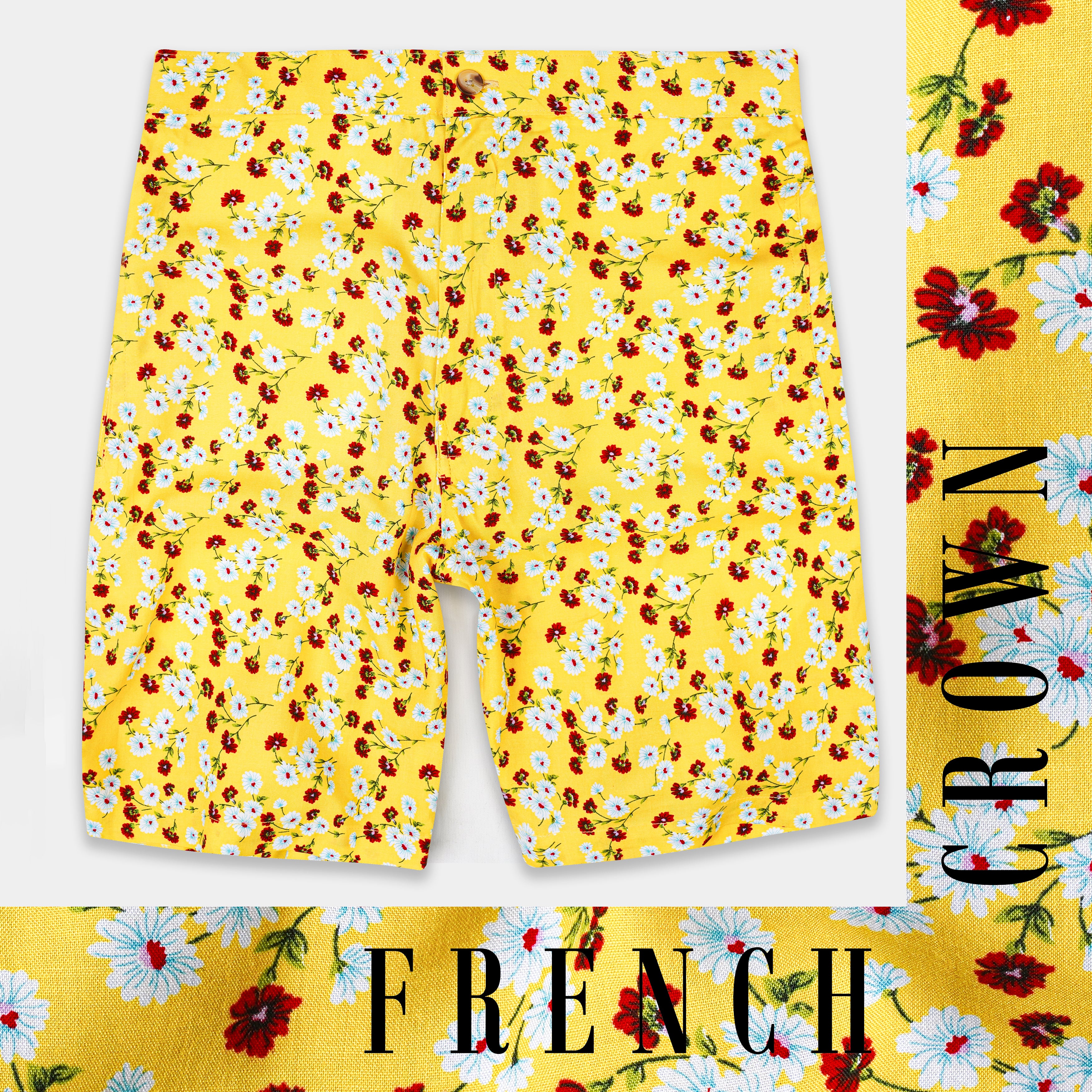 Aureolin Yellow with Crimson Red Multicolor Floral Printed Premium Cotton Short SR353-28, SR353-30, SR353-32, SR353-34, SR353-36, SR353-38, SR353-40, SR353-42, SR353-44