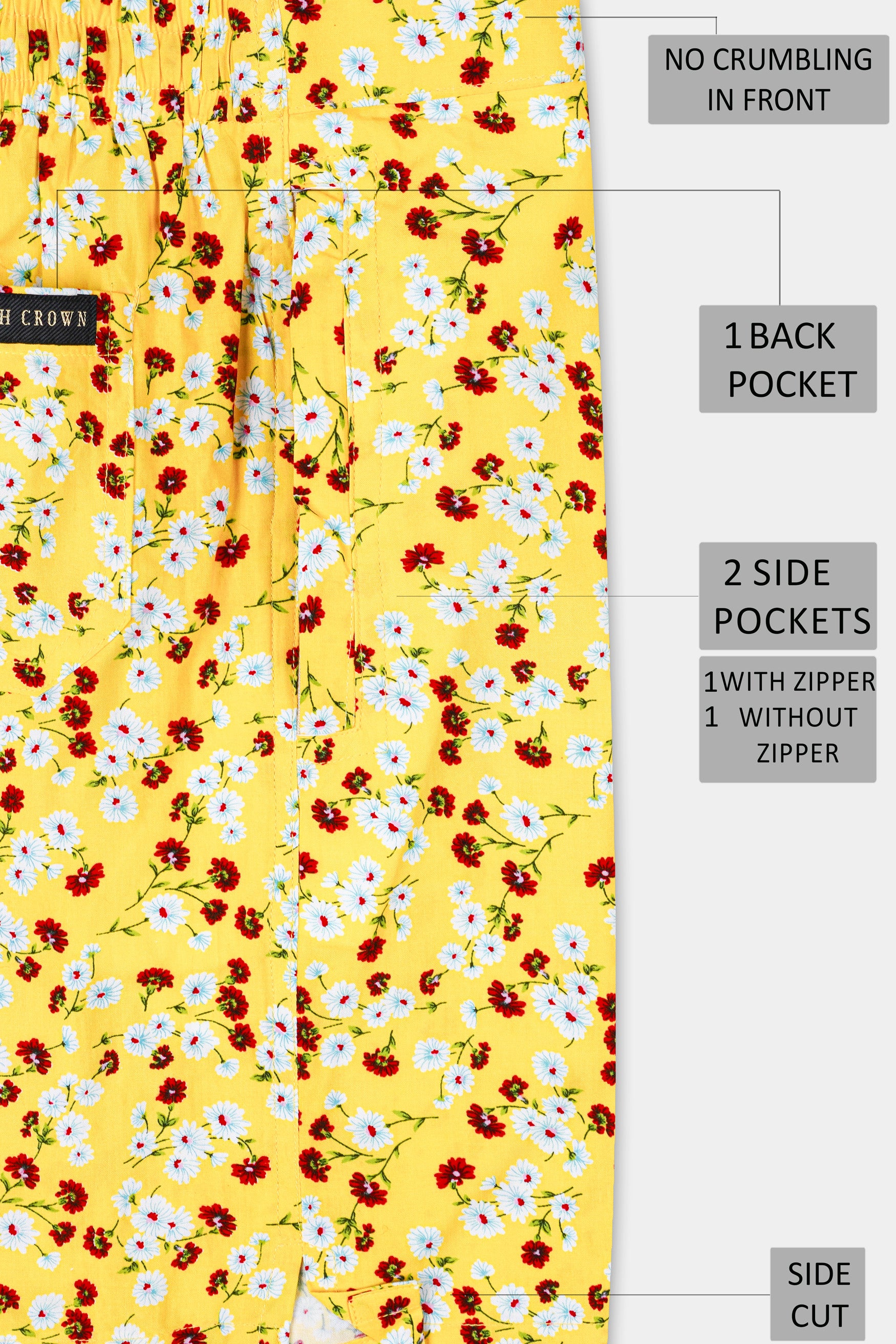Aureolin Yellow with Crimson Red Multicolor Floral Printed Premium Cotton Short SR353-28, SR353-30, SR353-32, SR353-34, SR353-36, SR353-38, SR353-40, SR353-42, SR353-44