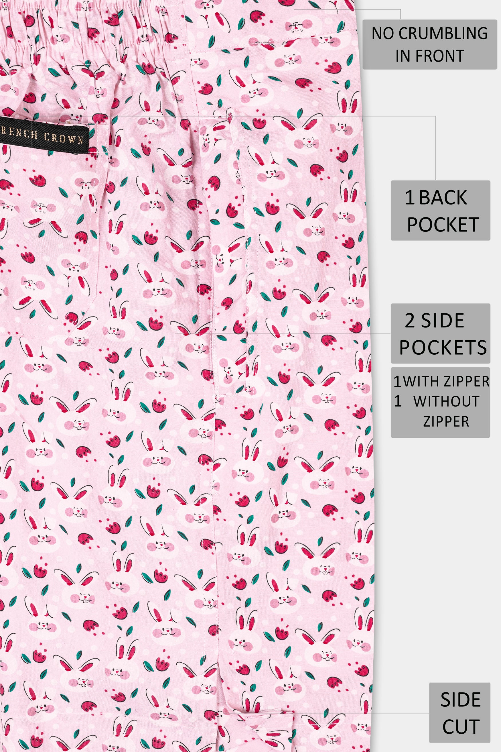 Melaine Pink with Multicolor Rabbit Printed Premium Cotton Shorts SR354-28, SR354-30, SR354-32, SR354-34, SR354-36, SR354-38, SR354-40, SR354-42, SR354-44