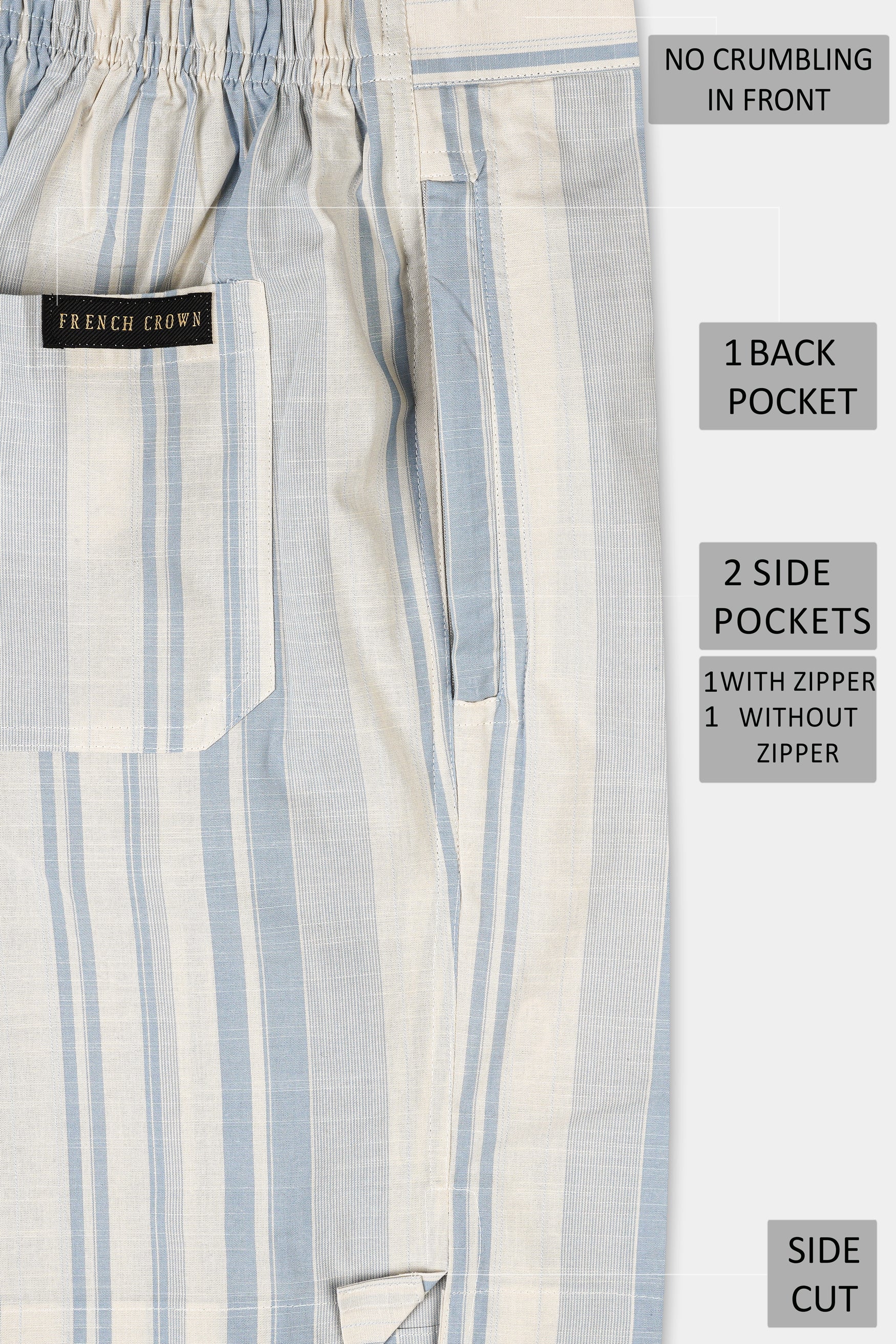 Bone Cream with Ghost Blue Striped Premium Cotton Shorts SR359-28, SR359-30, SR359-32, SR359-34, SR359-36, SR359-38, SR359-40, SR359-42, SR359-44