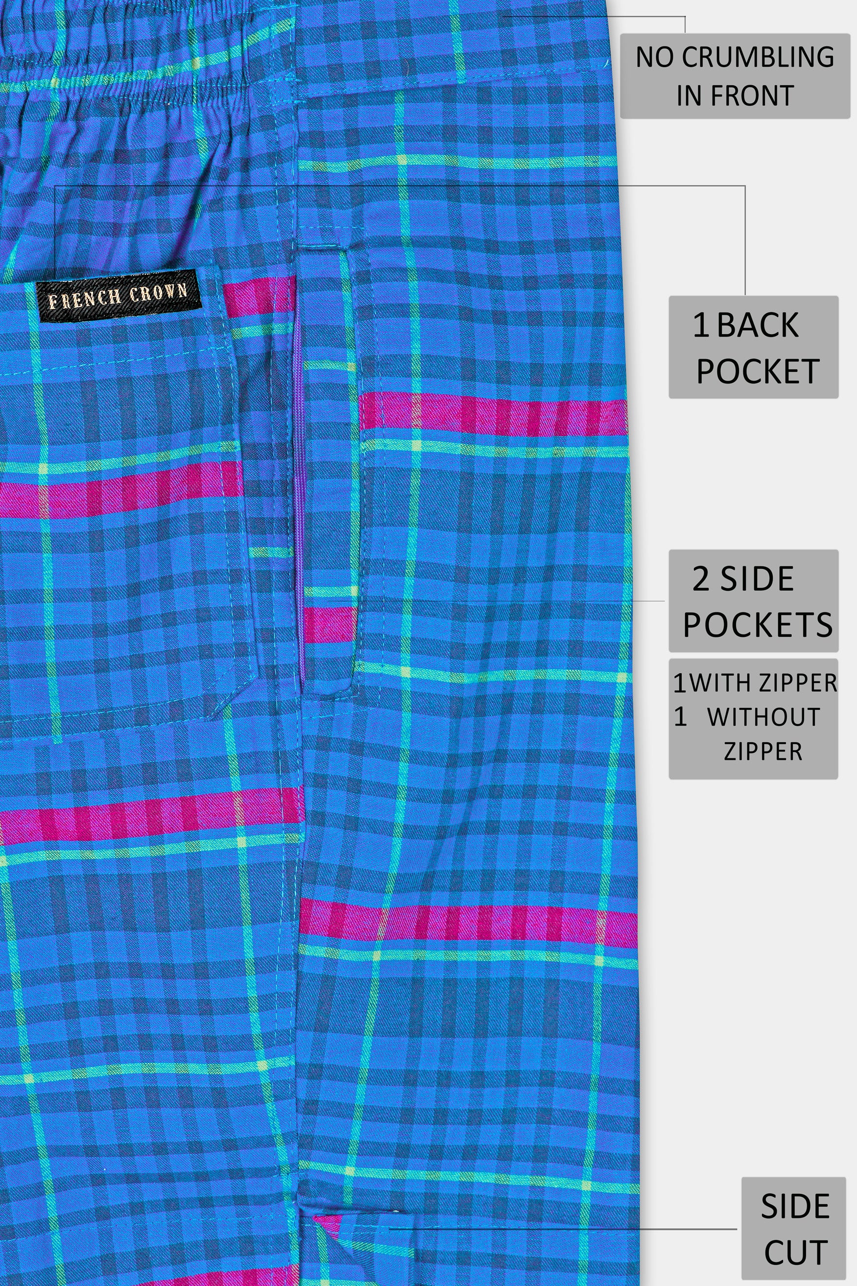 Curious Blue with Barney Pink Multicolor Checkered Chambray Shorts SR363-28, SR363-30, SR363-32, SR363-34, SR363-36, SR363-38, SR363-40, SR363-42, SR363-44