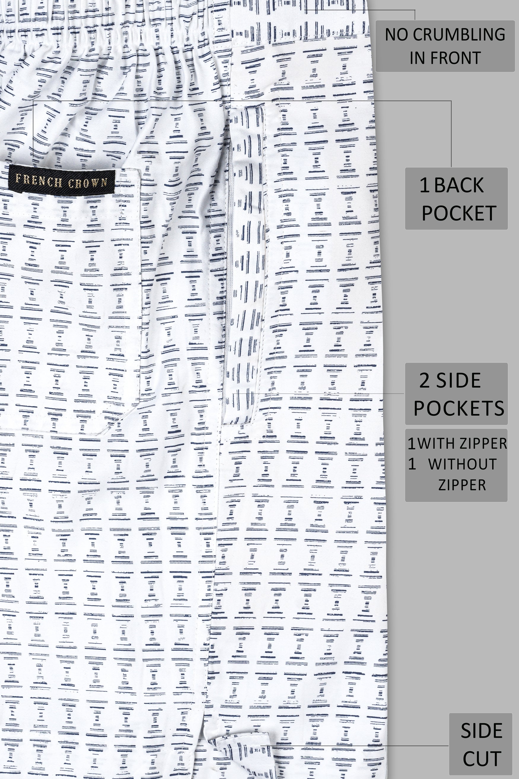 Bright White with Raven Gray Printed Subtle Sheen Super Soft Premium Cotton Shorts SR364-28, SR364-30, SR364-32, SR364-34, SR364-36, SR364-38, SR364-40, SR364-42, SR364-44