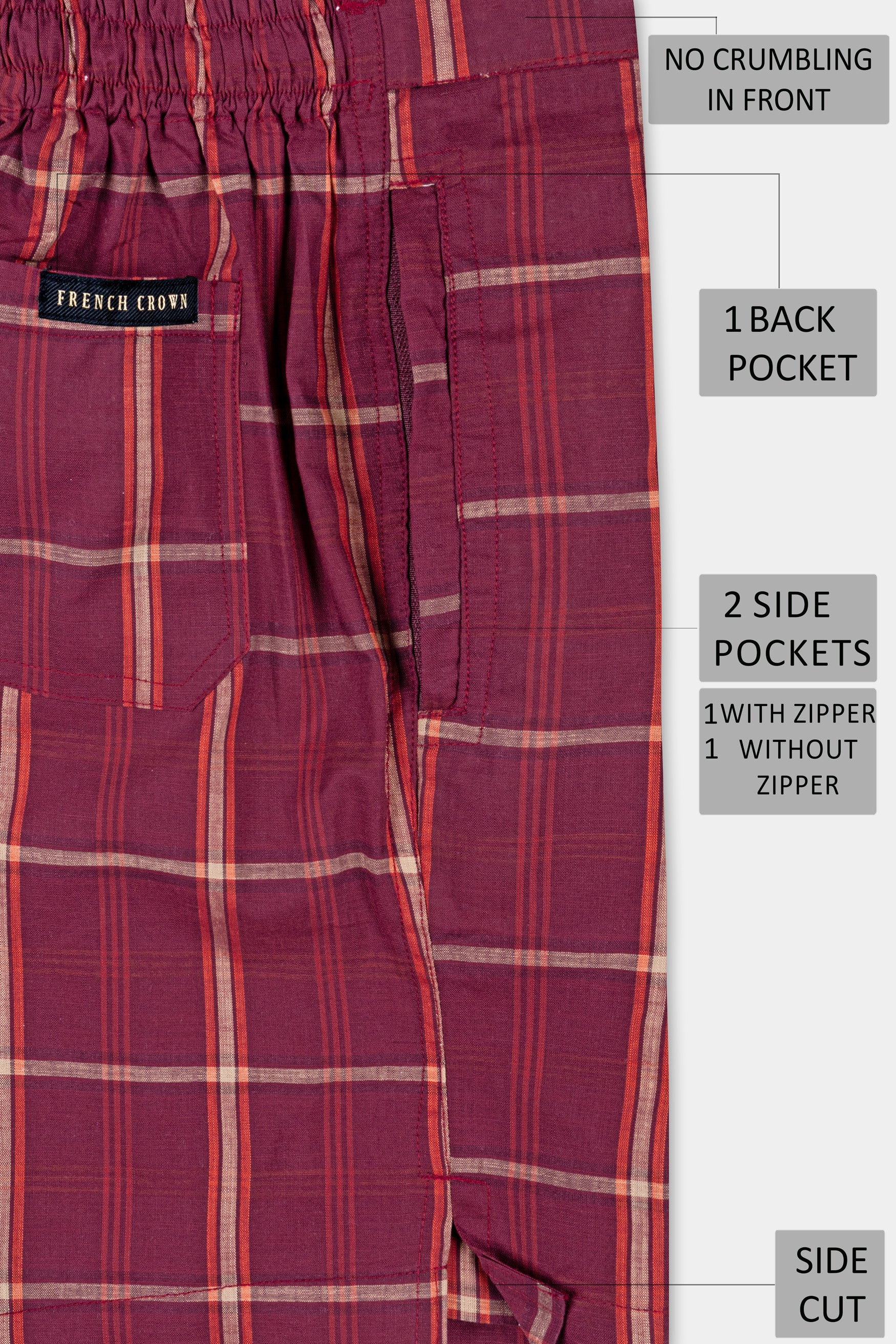Pompadour Maroon with Quicksand Cream Checkered Premium Cotton Shorts SR368-28, SR368-30, SR368-32, SR368-34, SR368-36, SR368-38, SR368-40, SR368-42, SR368-44