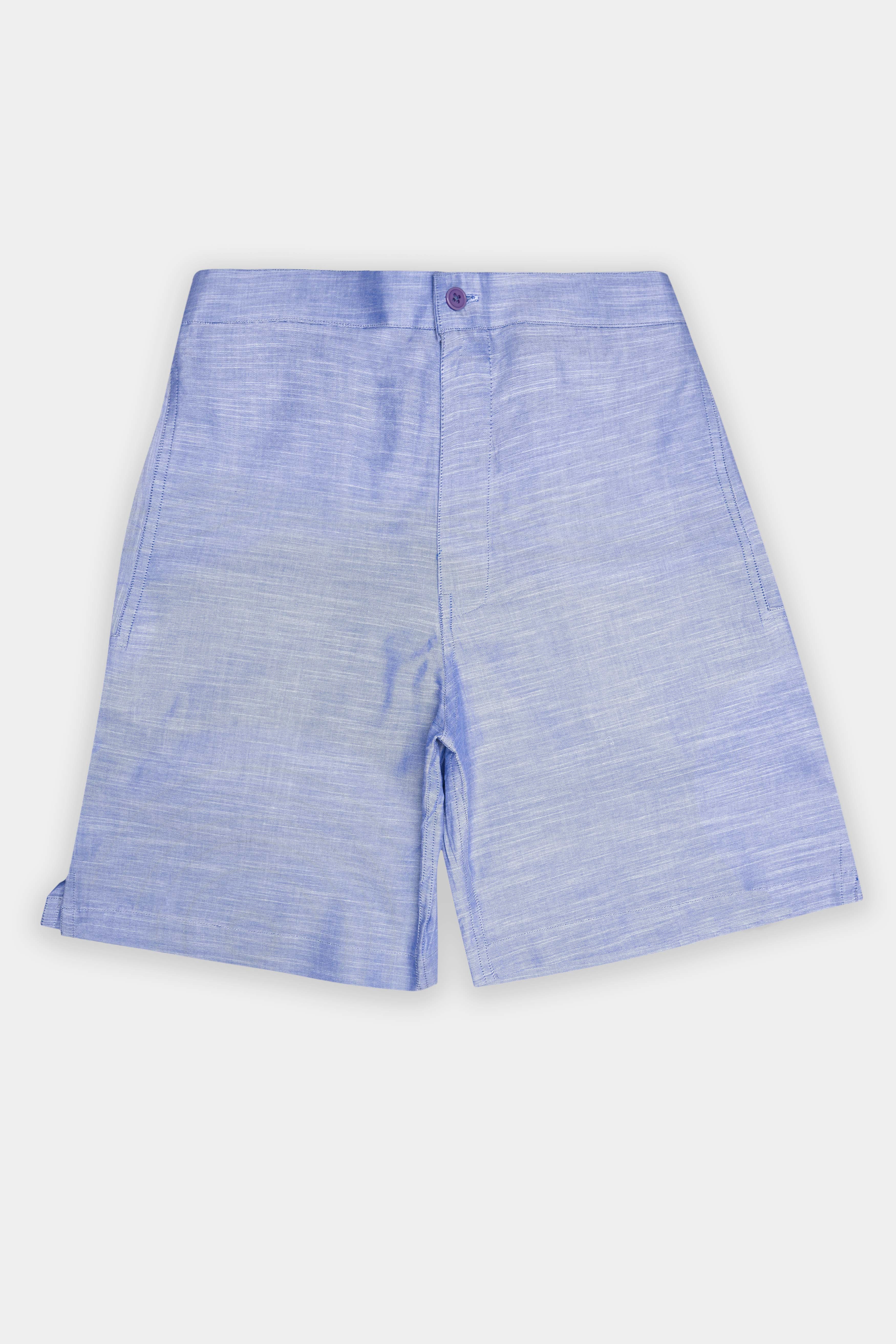 Faded Blue Textured Chambray Premium Cotton Shorts