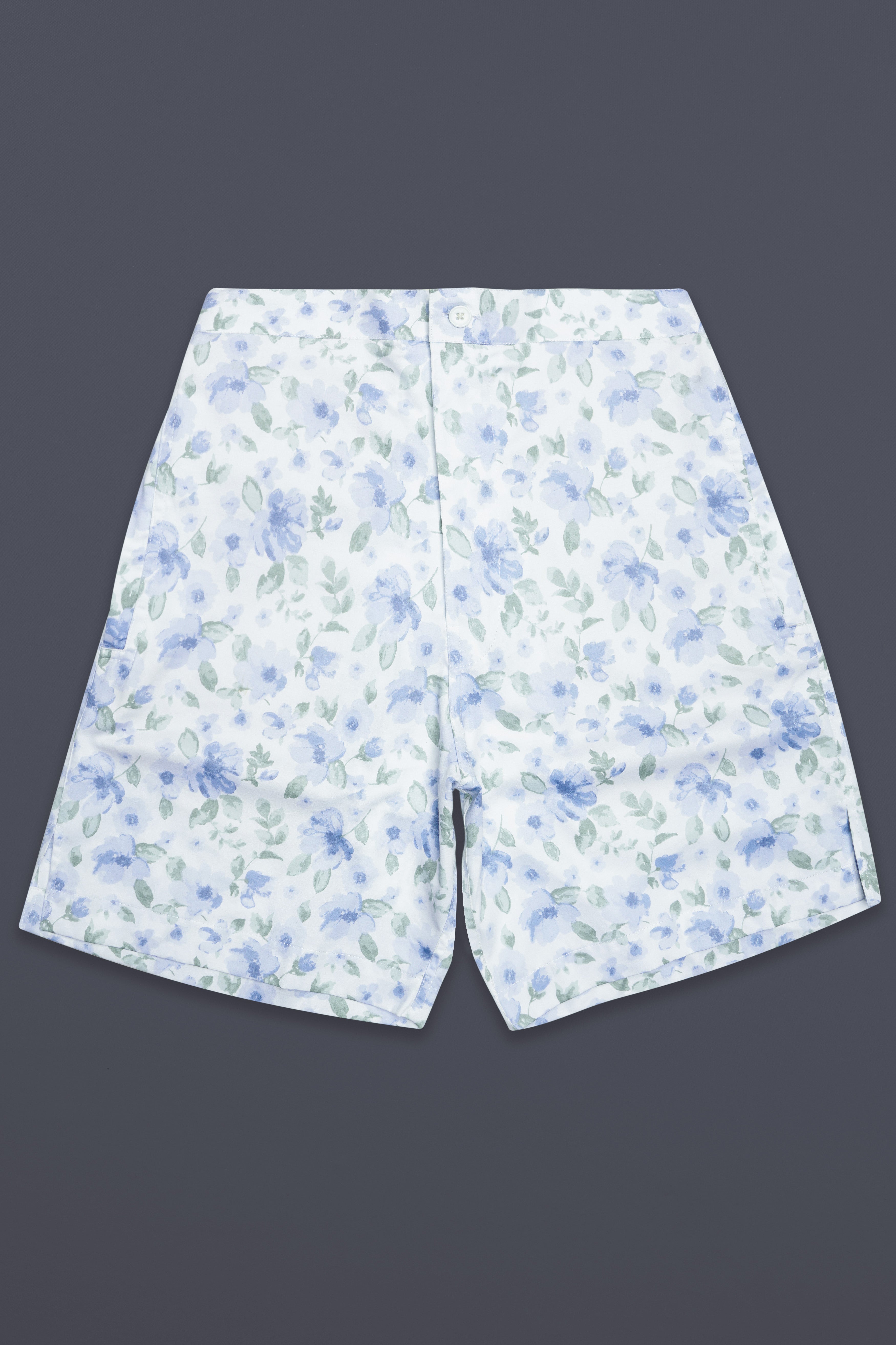 Moonstone Blue And Edward Green Floral Printed Subtle Sheen Super Soft Premium Cotton Shorts