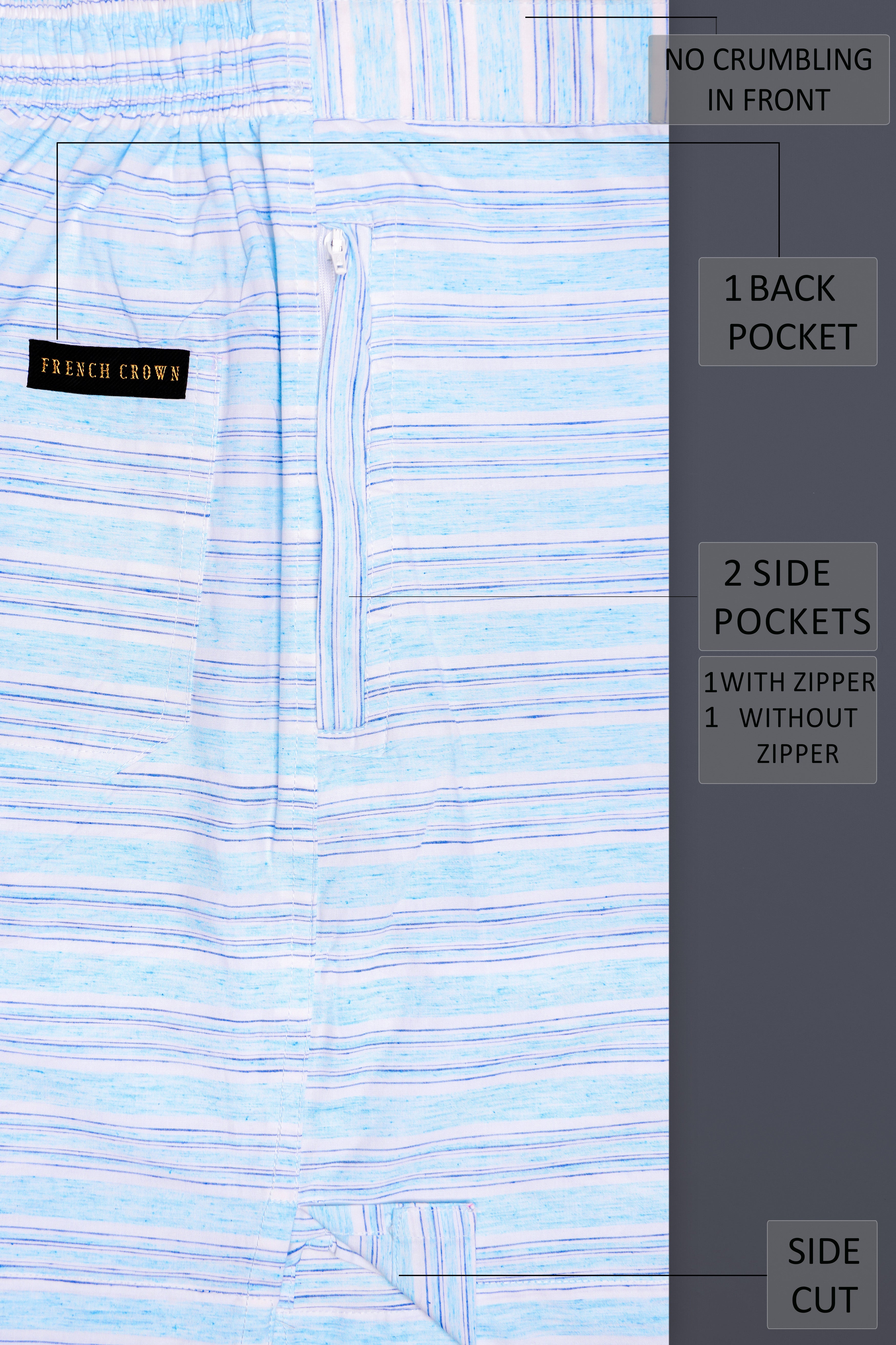 Strivio-Spindle Blue horizontal striped Chambray Premium Cotton Shorts