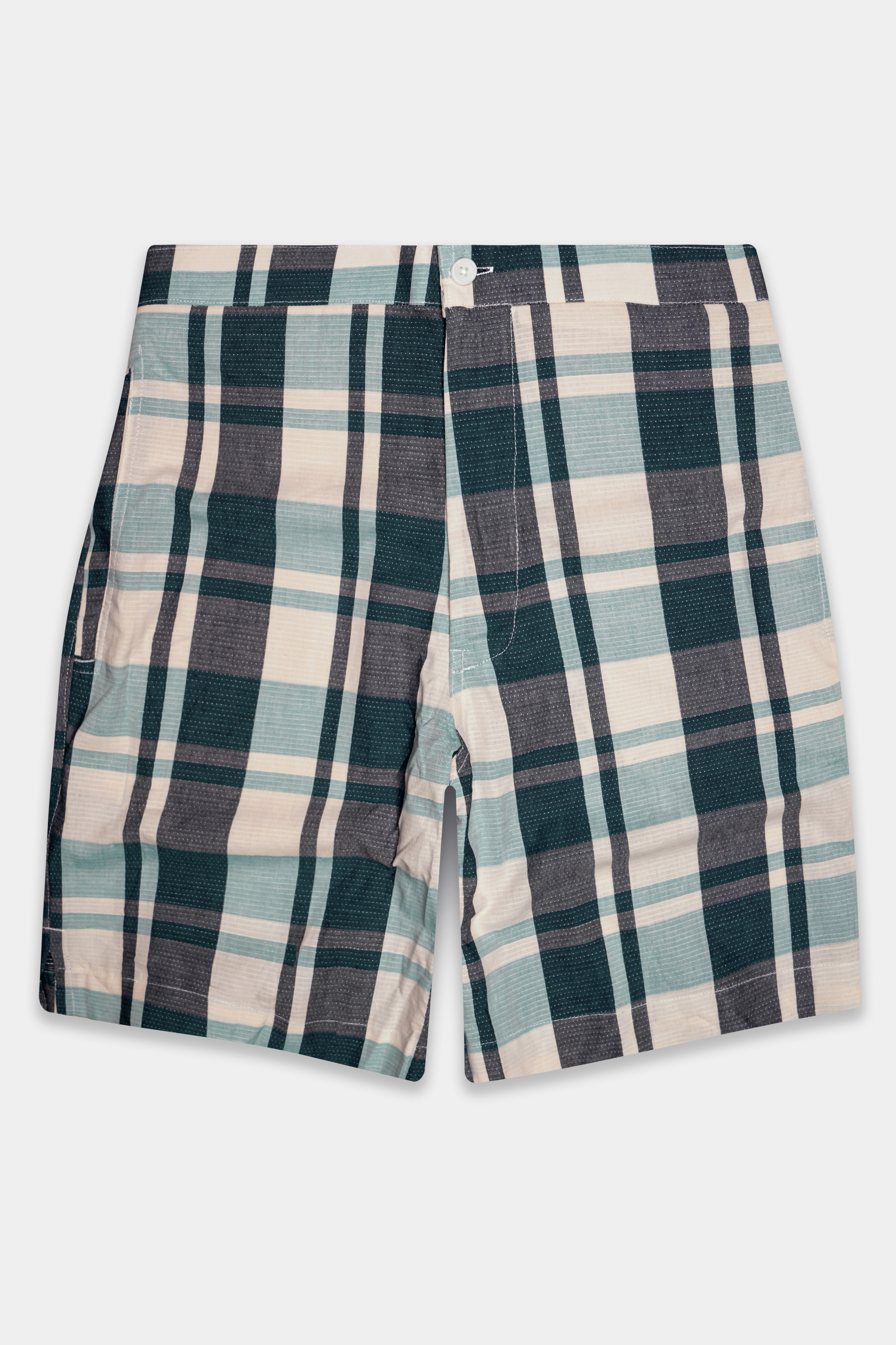 Fossil-Mortar Gray And Wafer Cream Plaid Dobby Textured Giza Cotton Shorts