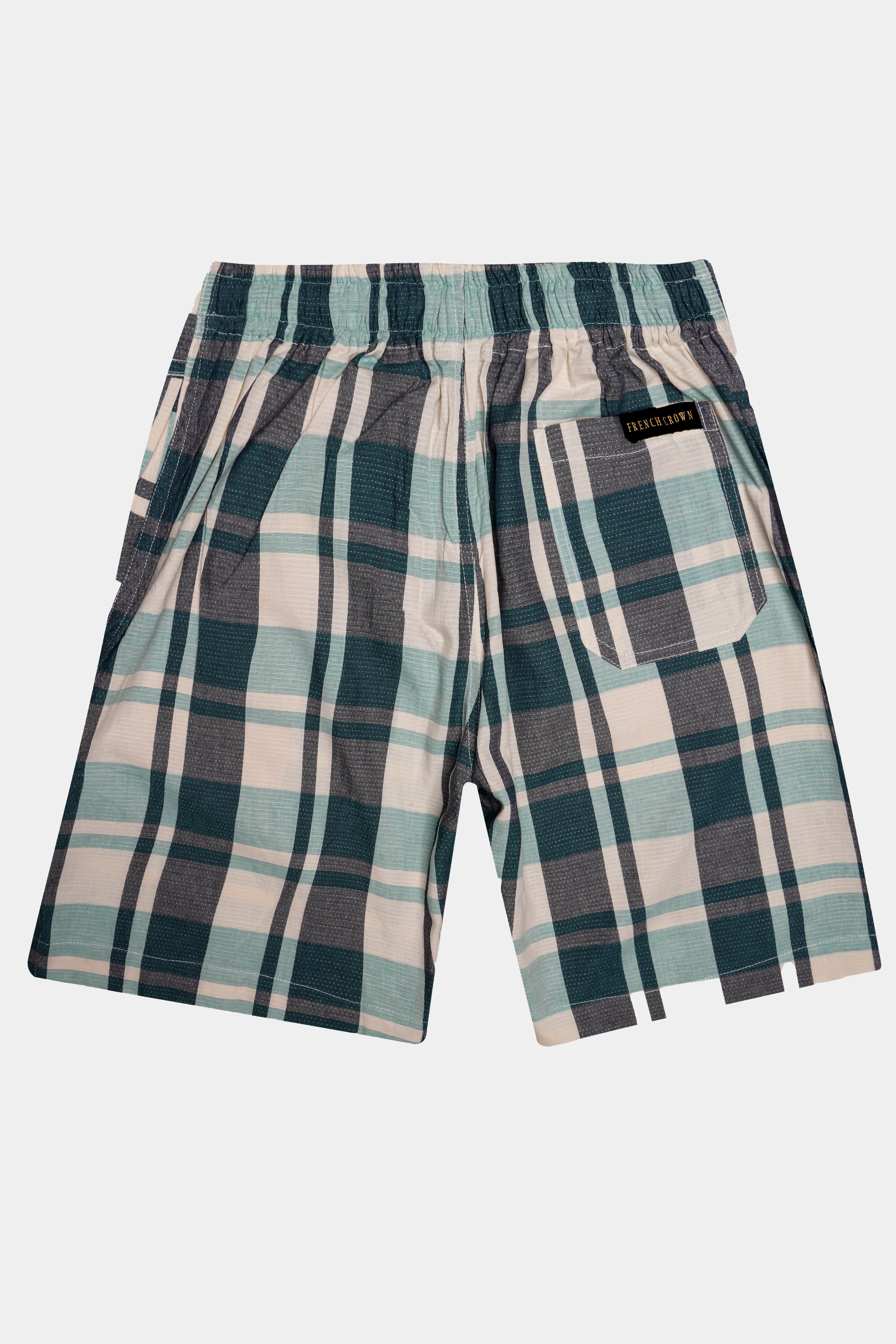 Fossil-Mortar Gray And Wafer Cream Plaid Dobby Textured Giza Cotton Shorts