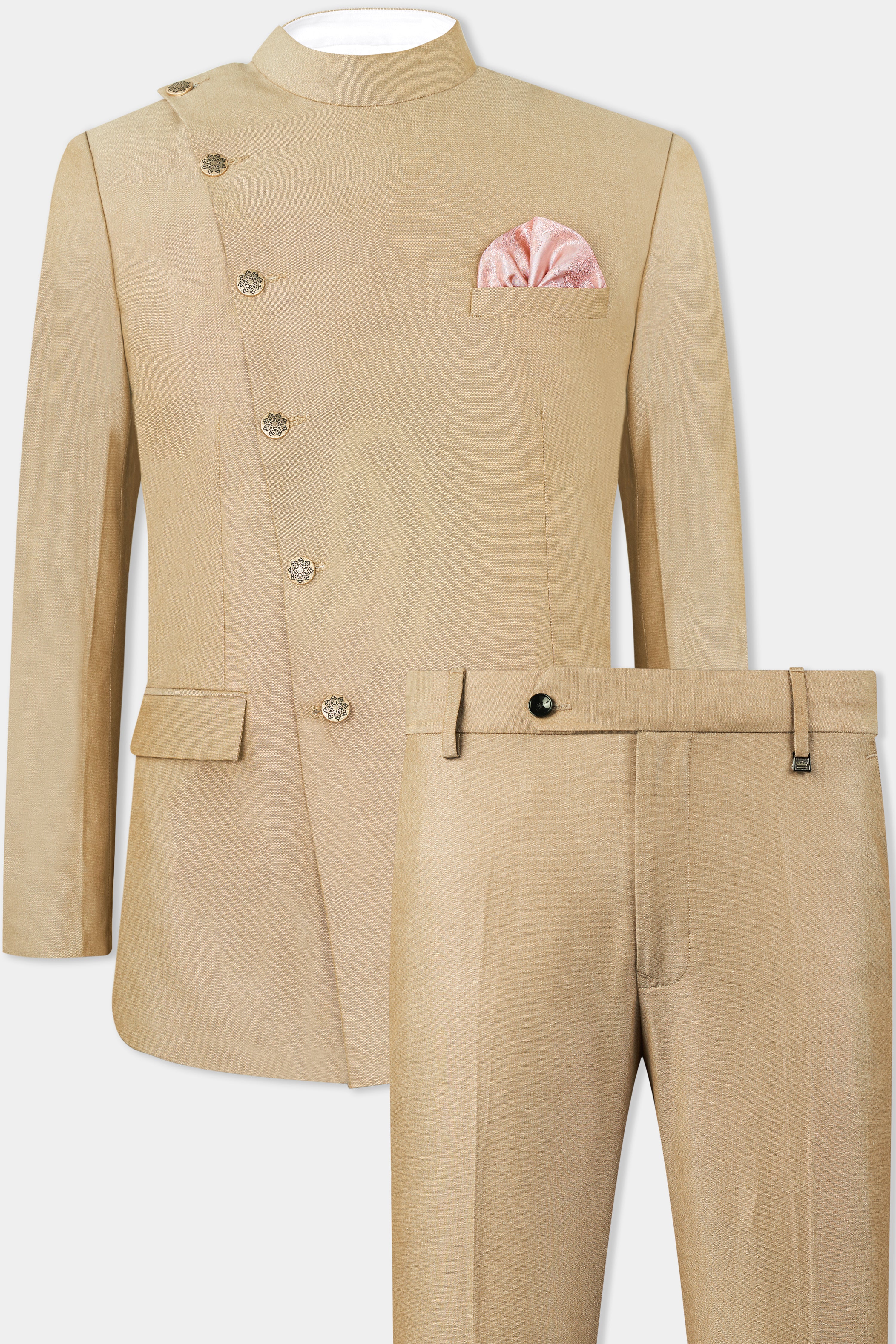 Heathered Light Brown Cross Placket Bandhgala Suit
