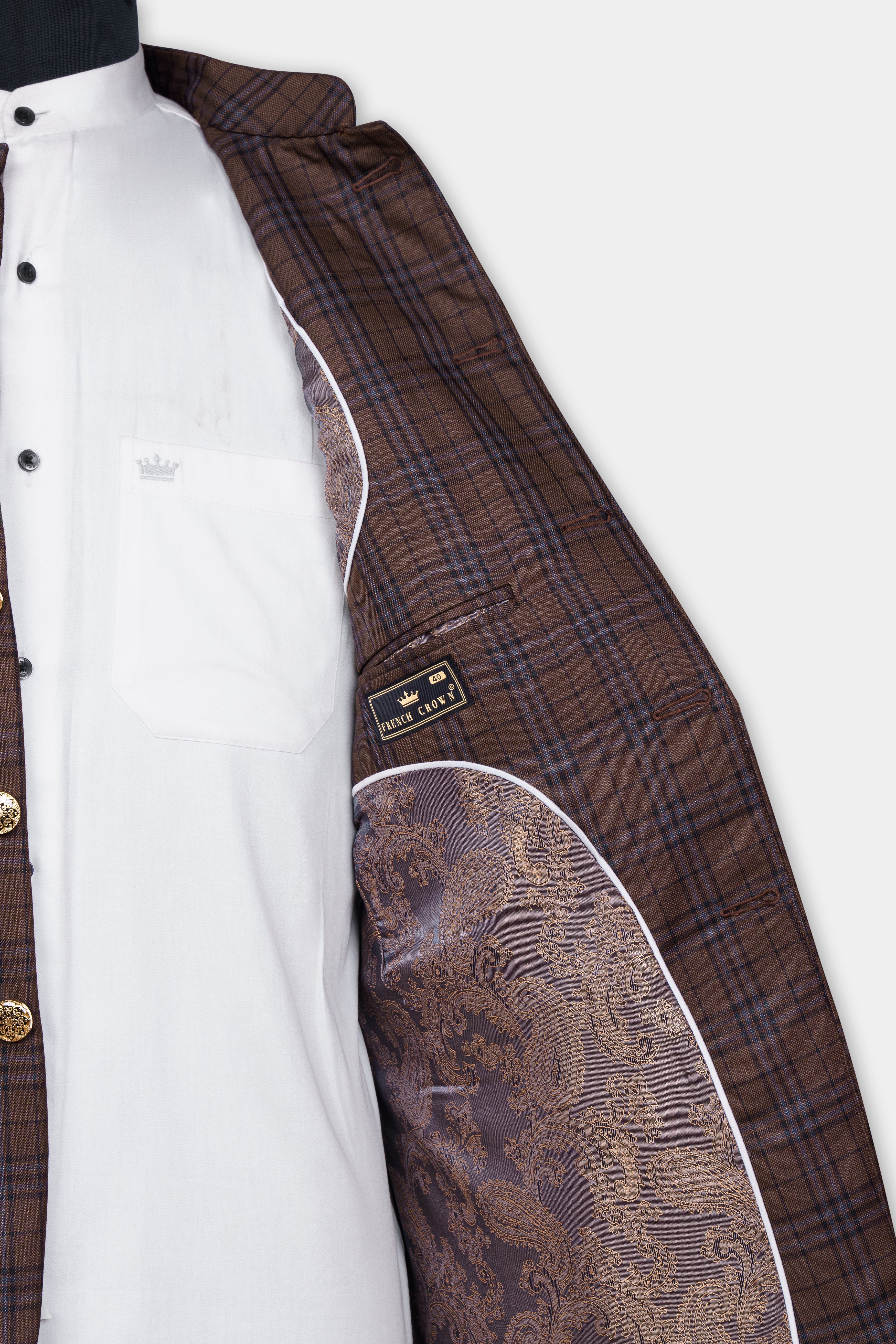 Gingerbread Brown and Haiti Blue Plaid Wool Rich Bandhgala Suit