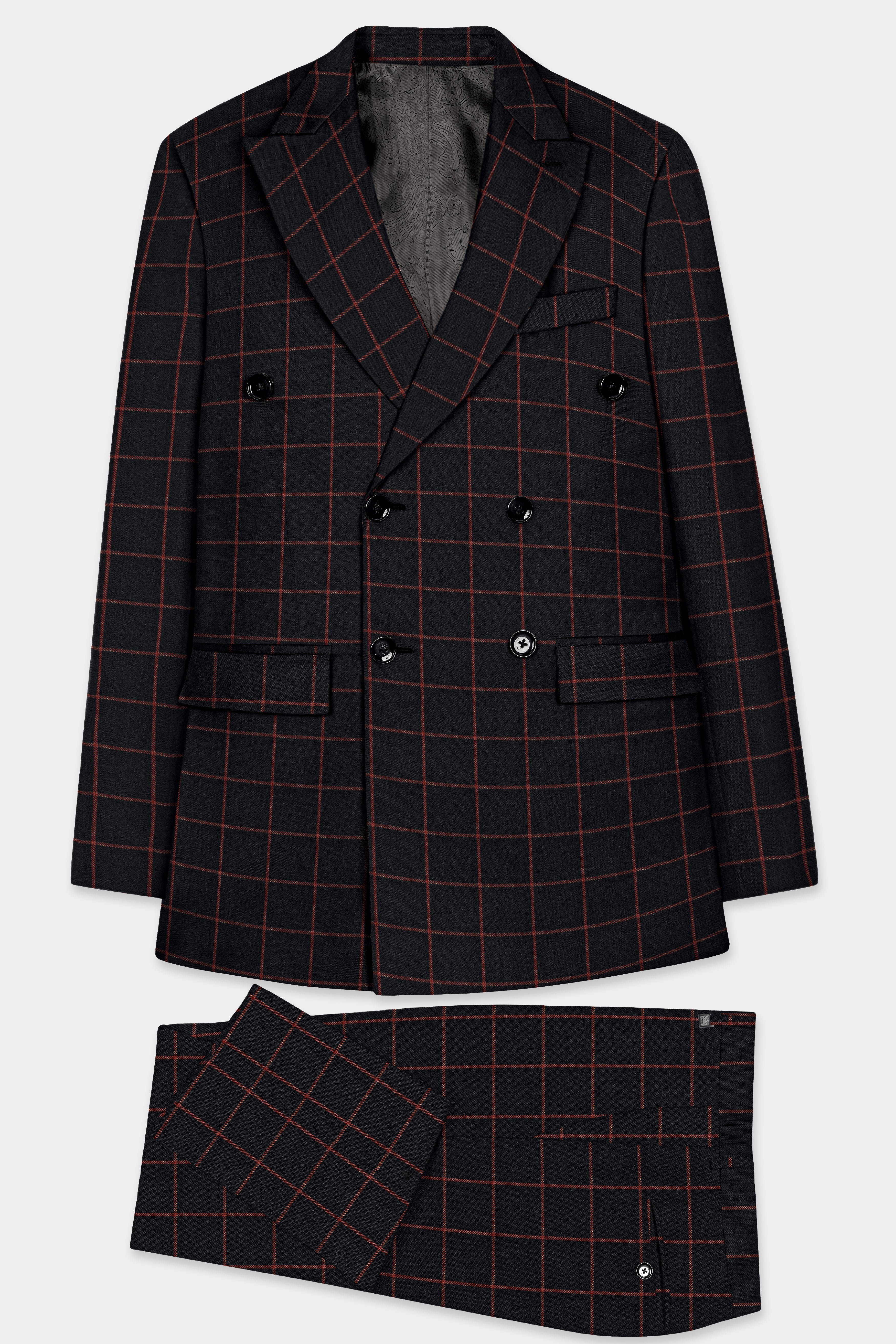 Moccaccino Black Windowpane Double Breasted Tweed Suit