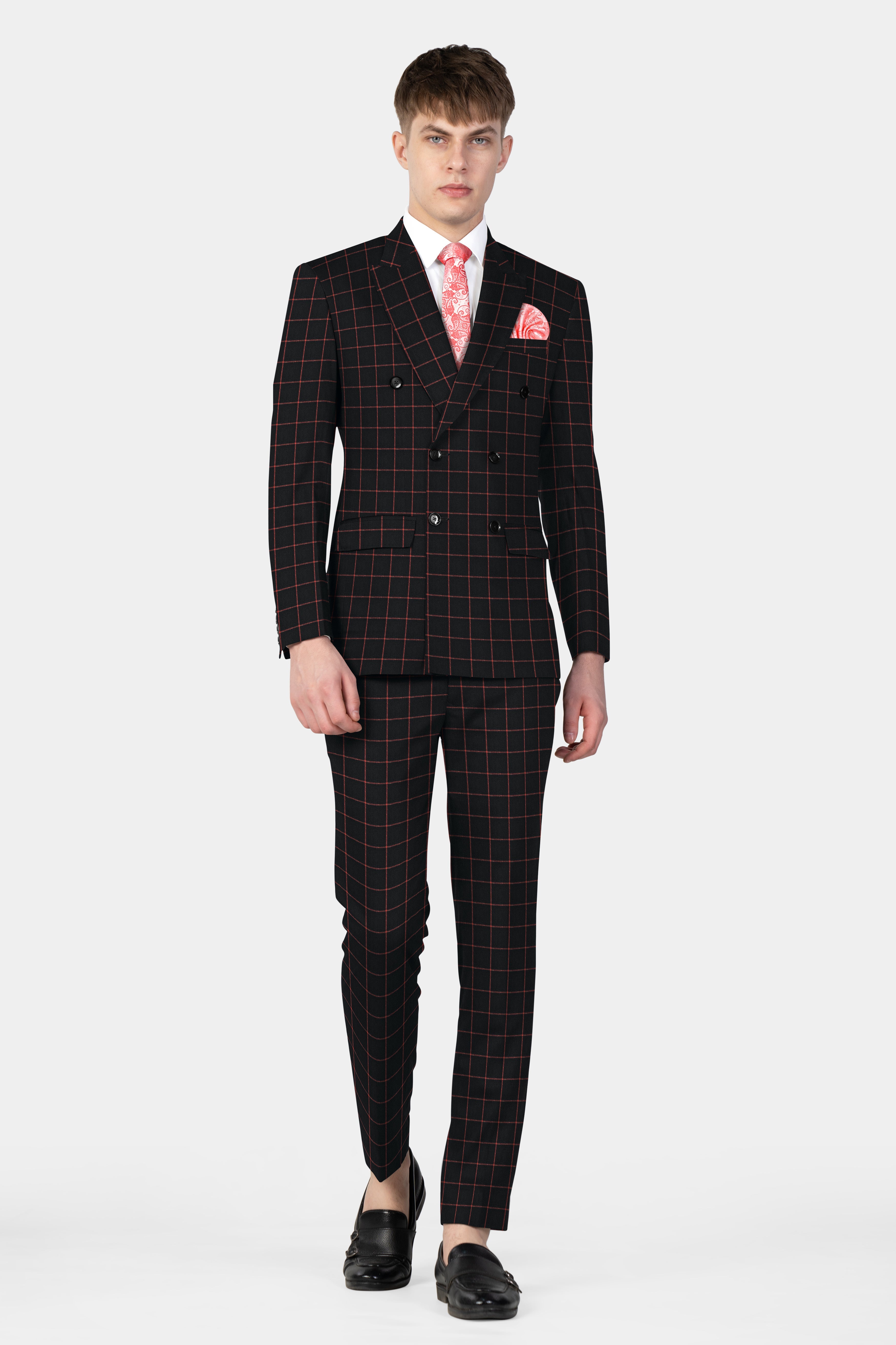 Moccaccino Black Windowpane Double Breasted Tweed Suit